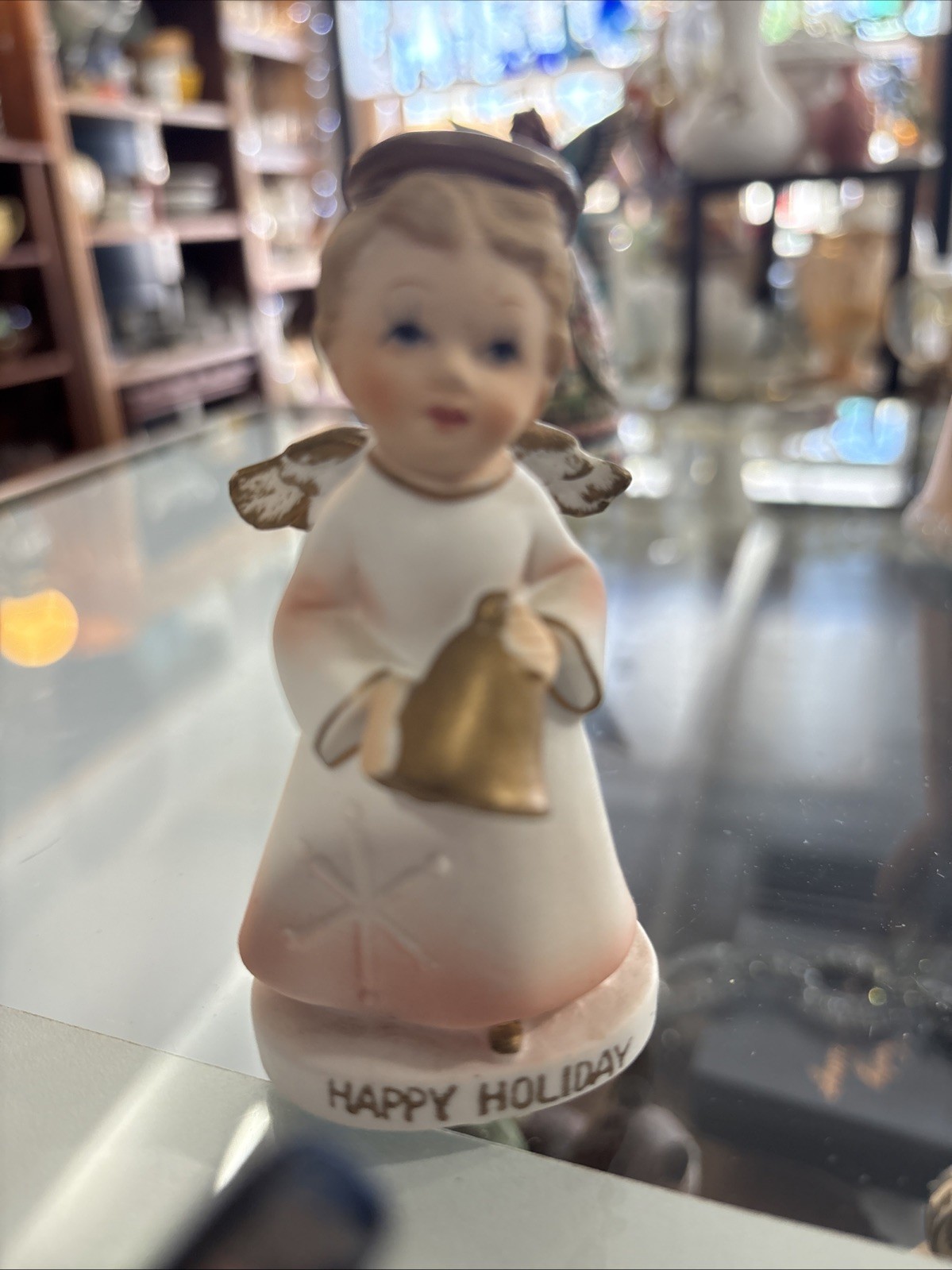 Happy Holiday Angel Figurine with Bell 3.75”T Japan Vintage 70’s Sanmyro