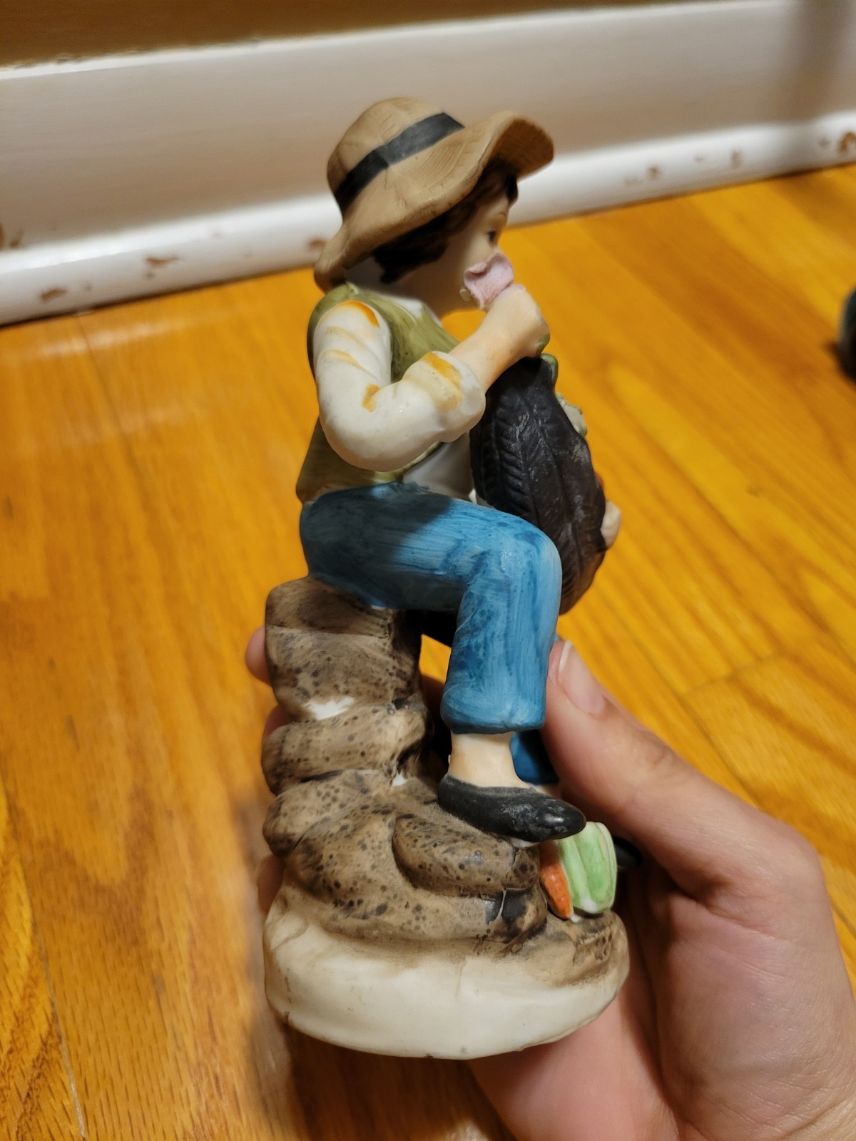Vintage Porcelain Home Decor Figurine Farm Boy in Hat w/Basket of Veggies 5 1/2″