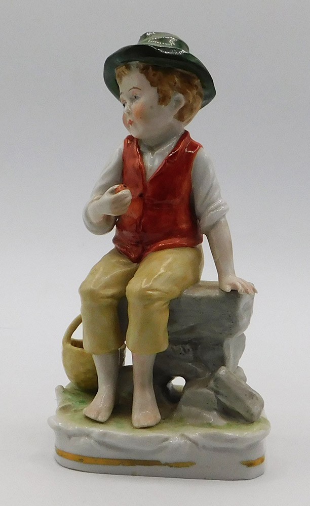 Vintage Antique German Hand Painted Porcelain Figurine of a Young Boy Marked
