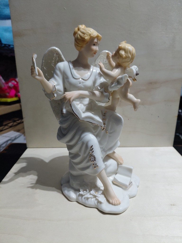 Porcelain Angel With Cherub Figurine 10 Inches High (No Box)