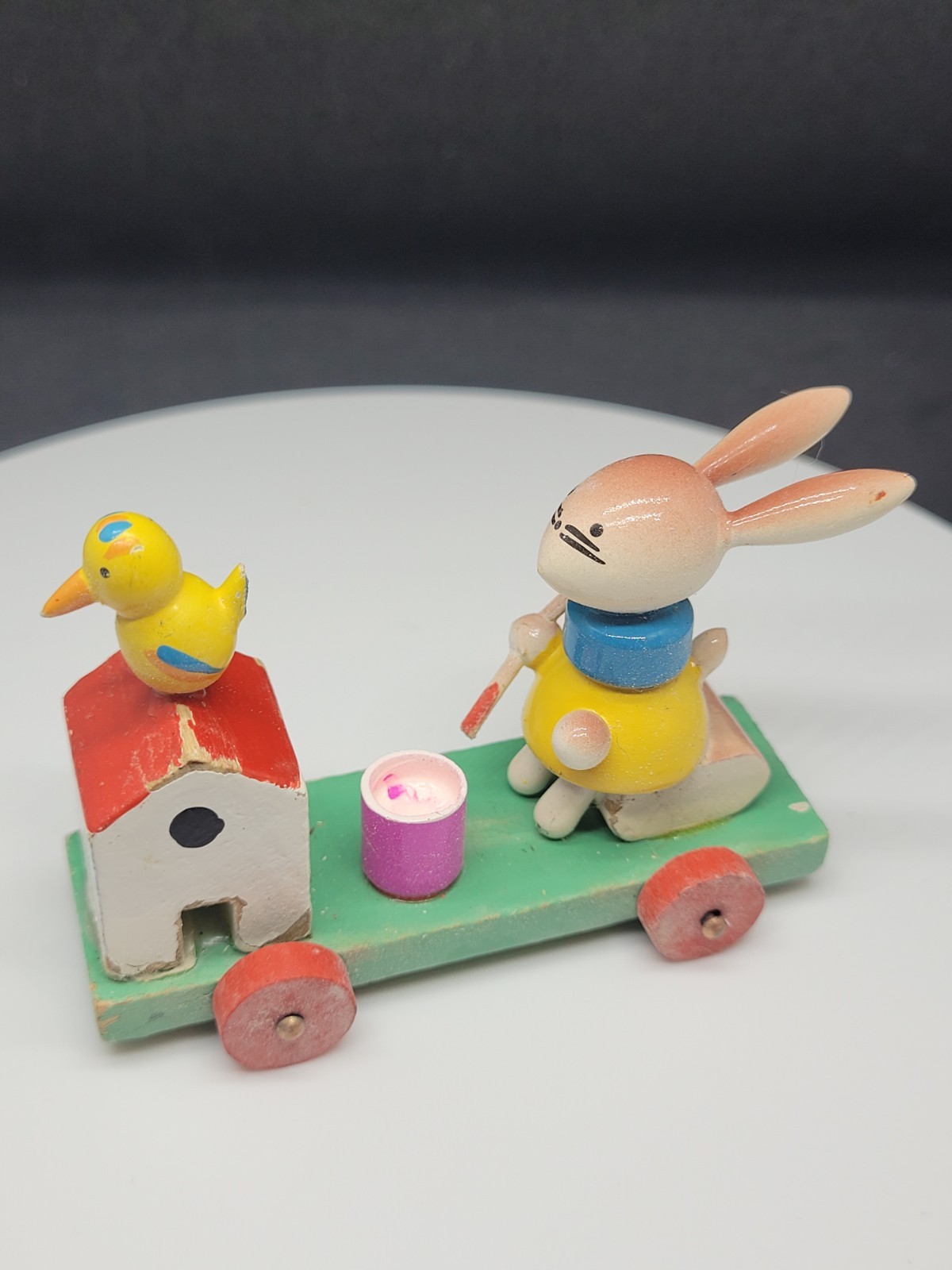 Vtg Goula Spain Wood Easter Figure Bunny Rabbit Paints Egg on Wheels Push Toy