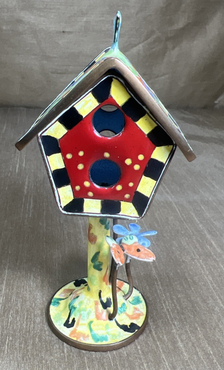 Vintage Kelvin Chen Handpainted Copper Enamel Bird House Trinket Box 1999