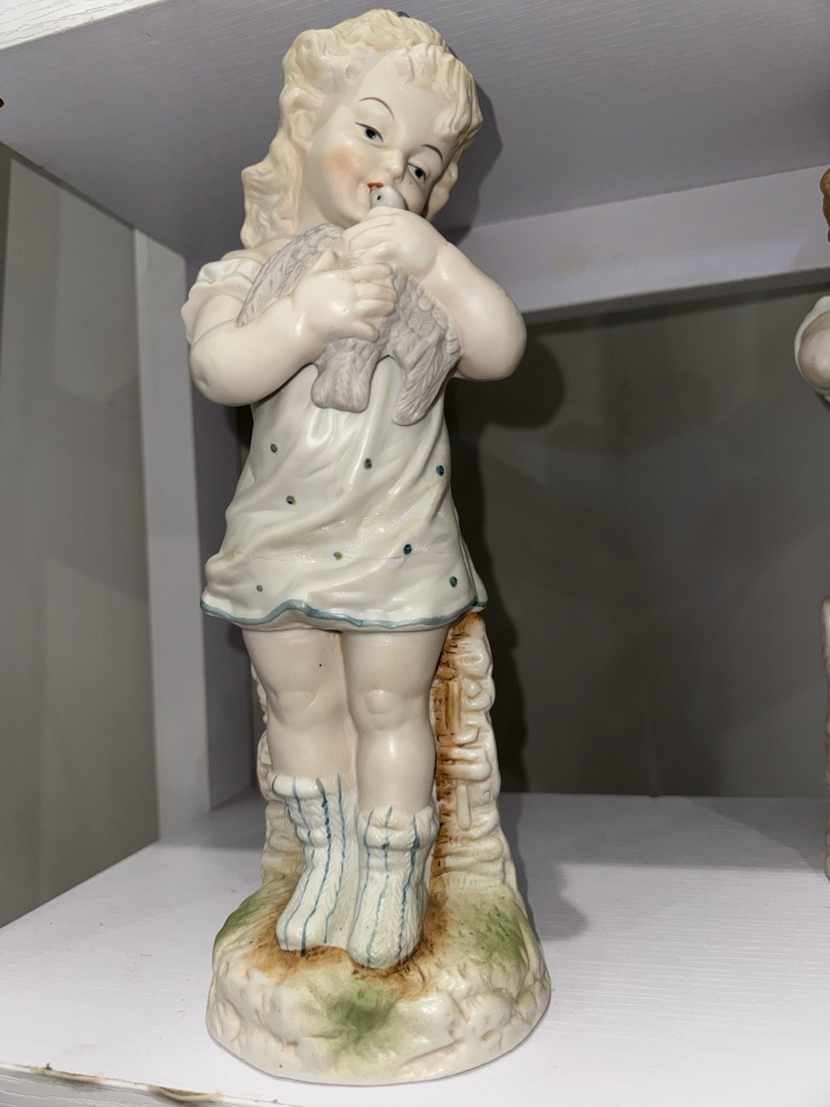 Antique German Bisque Figurines Pair Girl Rabbit Girl Dove Heubach Style 1890s