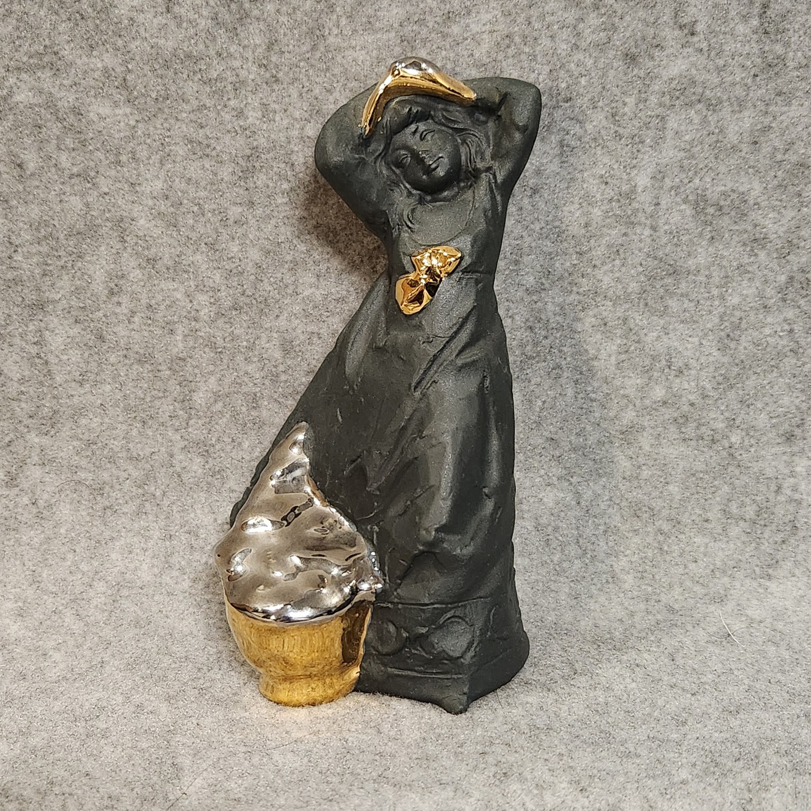 Nadal Spain Porcelain Figurine Matte Black/Gold/Silver Girl w/Bow & Hat