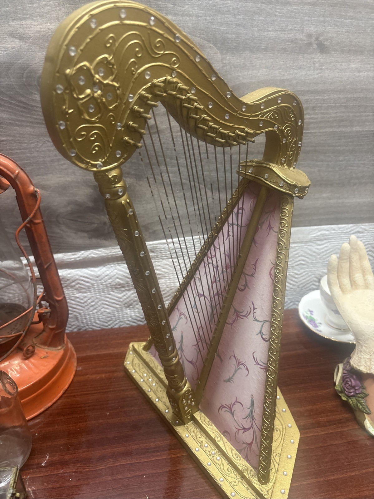 Gold-Tone Harp Figurine Baroque Style Wooden Base 18 Inch Ornate Design.