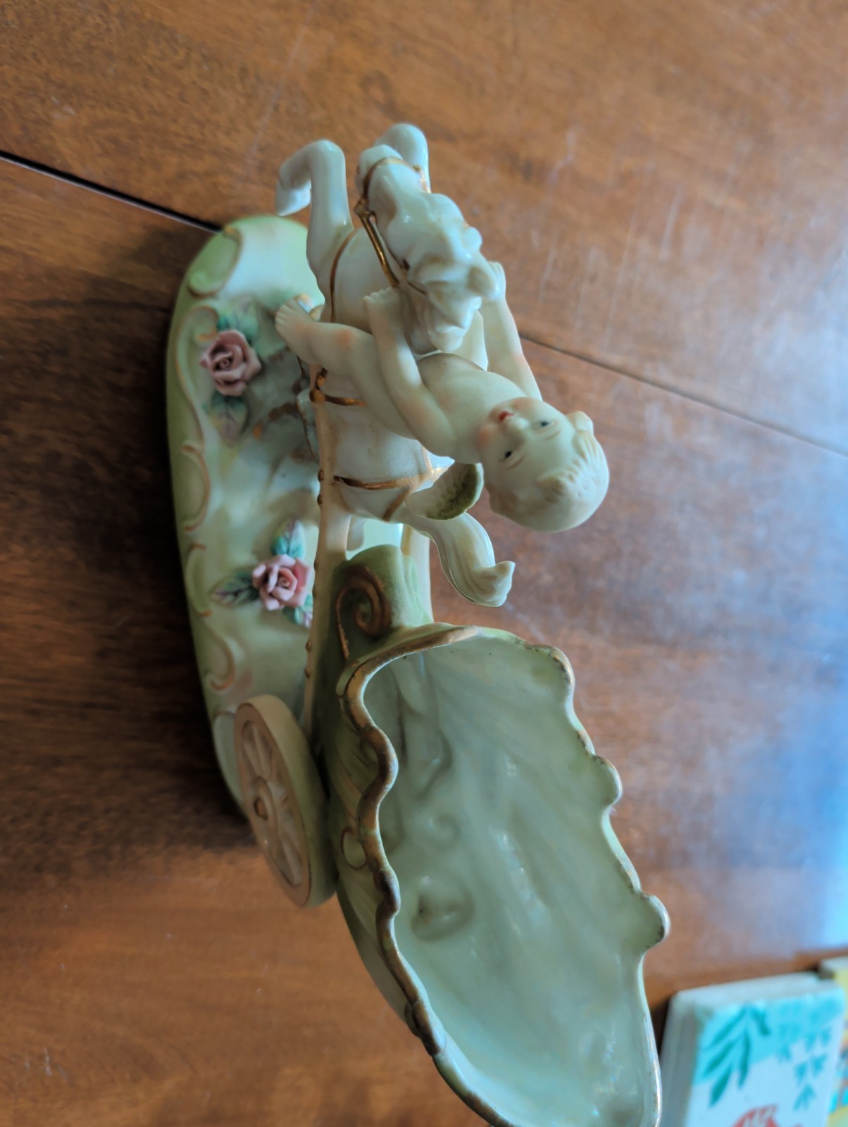 Lefton China Japan Bisque Green Gold Carriage Cherub On Horseback Pink Roses