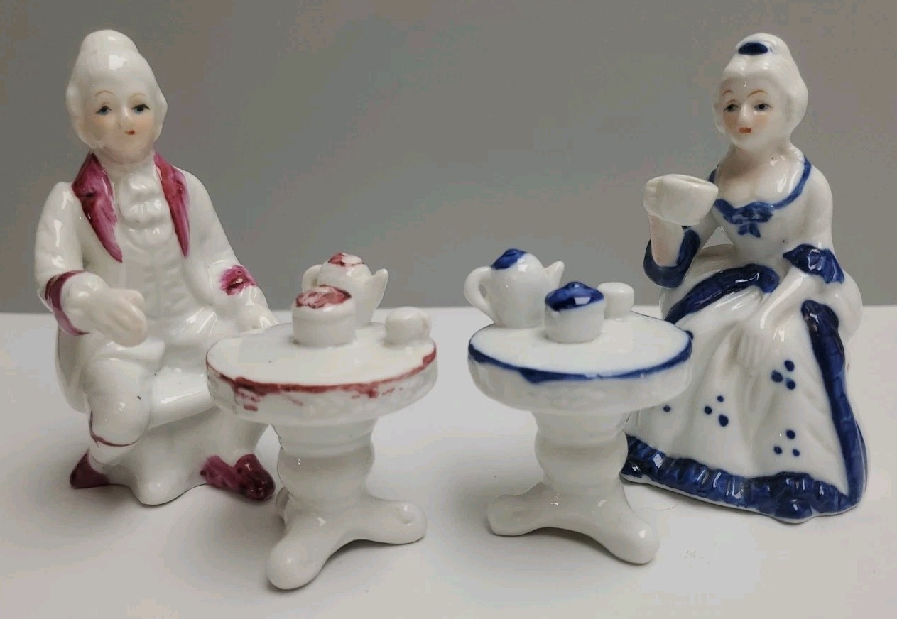 Vintage Porcelain Victorian Couple at Tea Red Blue &White With Matching Tables
