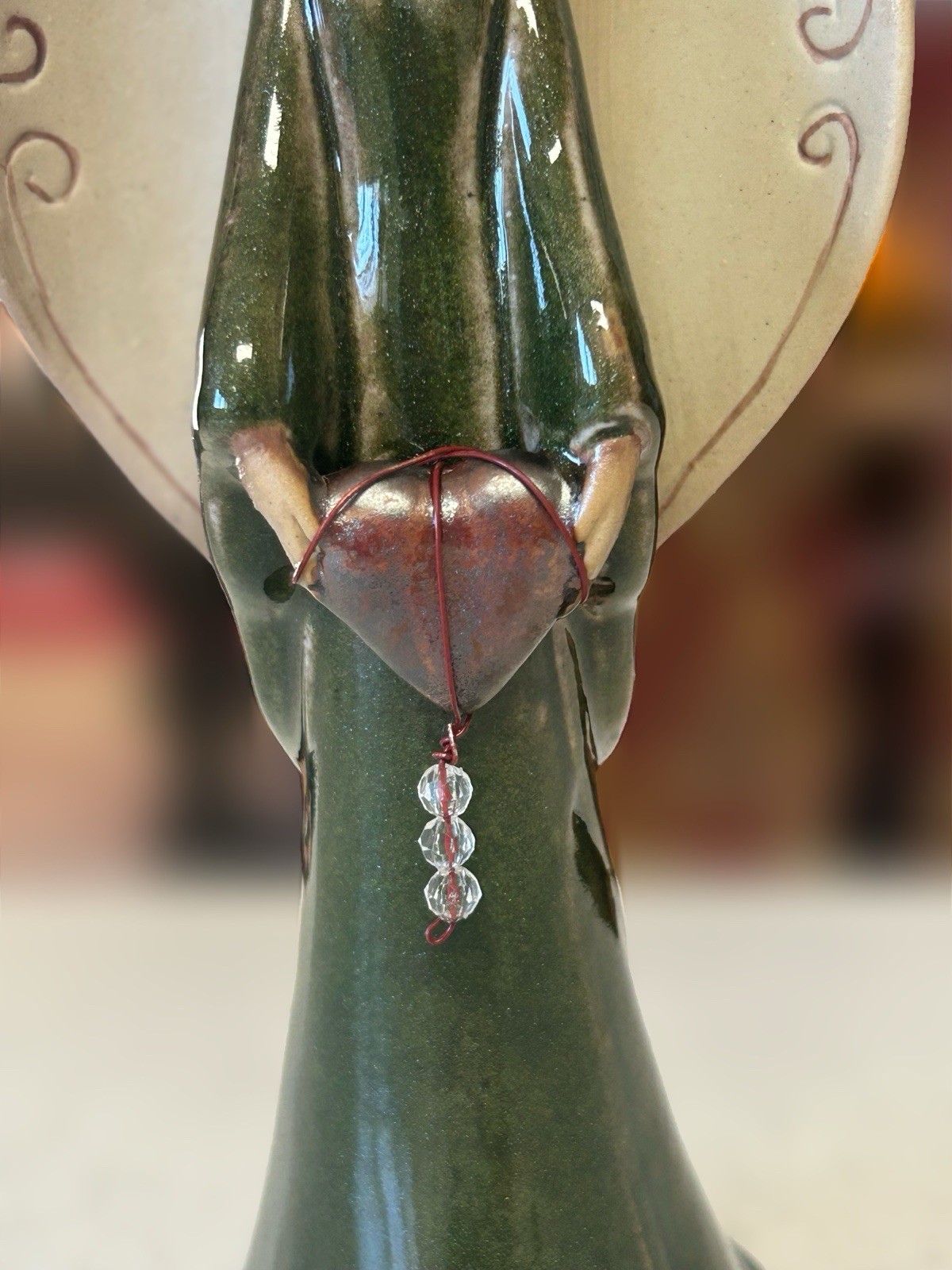 Vintage Heavenly Angel Holding Heart, Green, 8.5 Inches Tall, “Believe”