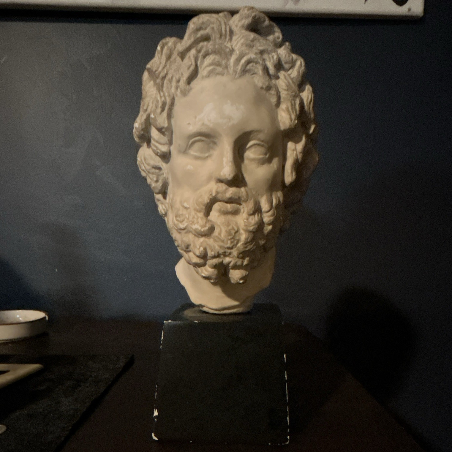 Classical Male Head Bust Sculpture, Plaster Beige on Black Display Base