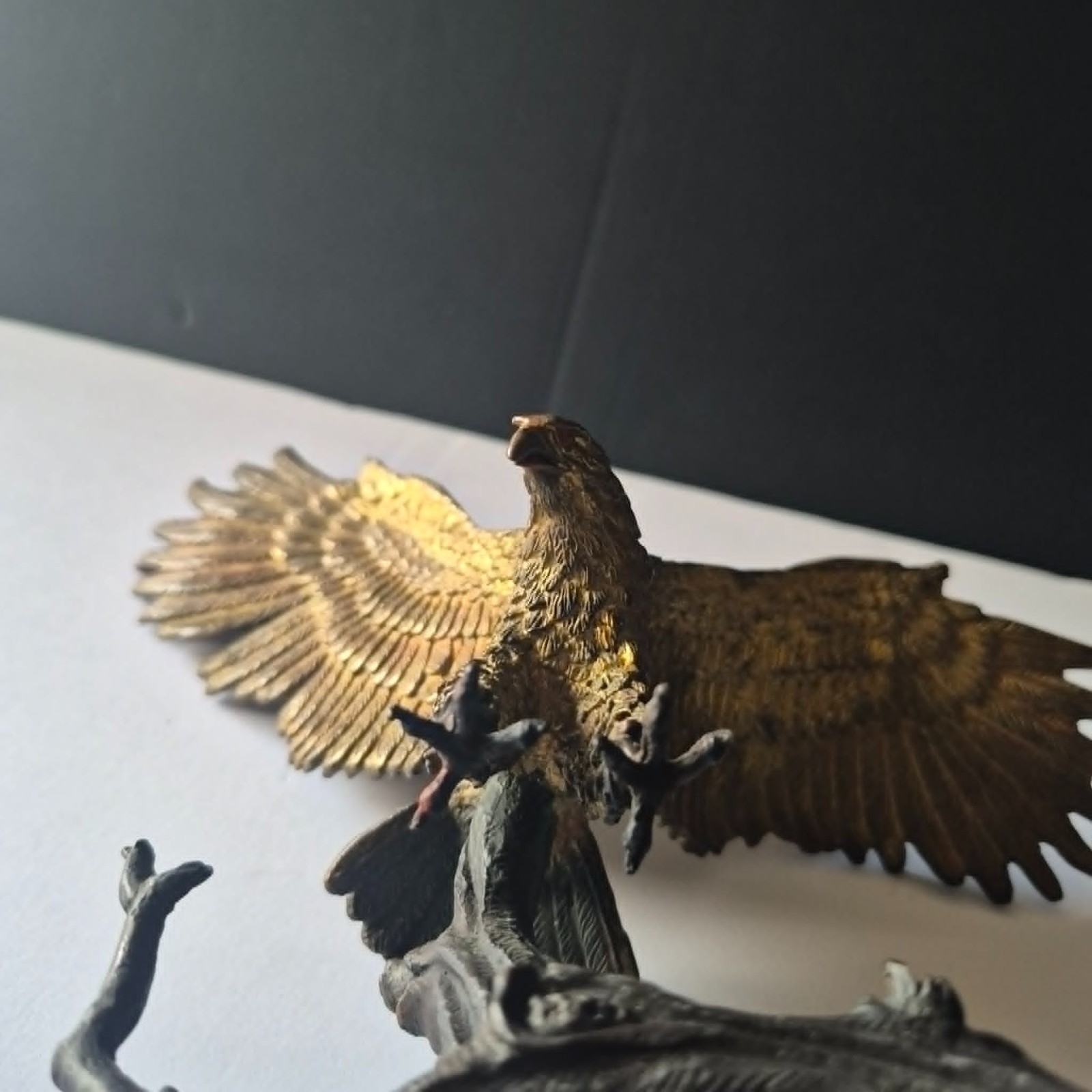 Solid Bronze Eagle Sculpture Hunting/Launching From Branch 8″ Heavy 3 lbs Patina