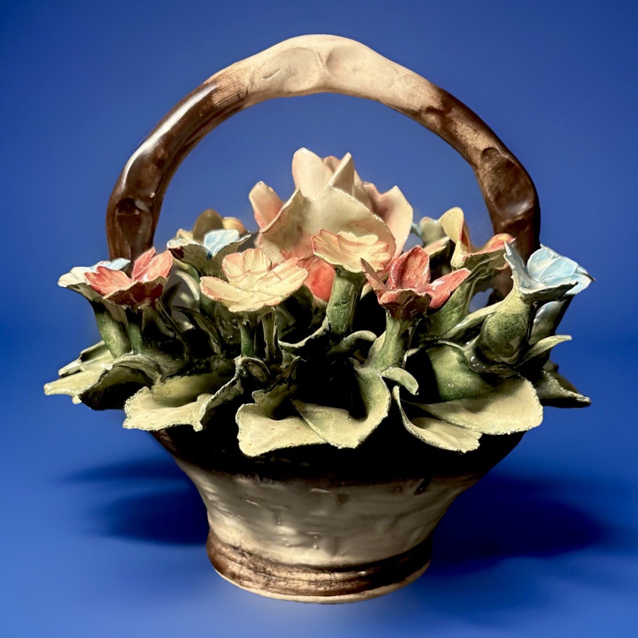 Vintage Capodimonte Italy Porcelain Flower Basket Centerpiece 7” Hand Made