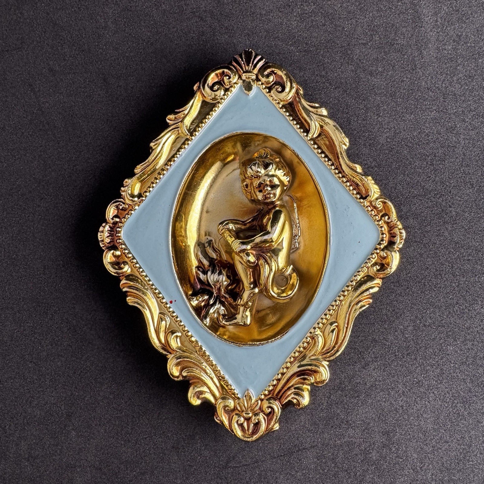 Vintage Cherub Angel Ardco Japan Blue & Gold Gilt 7 1/2″ Diamond Plaque Art