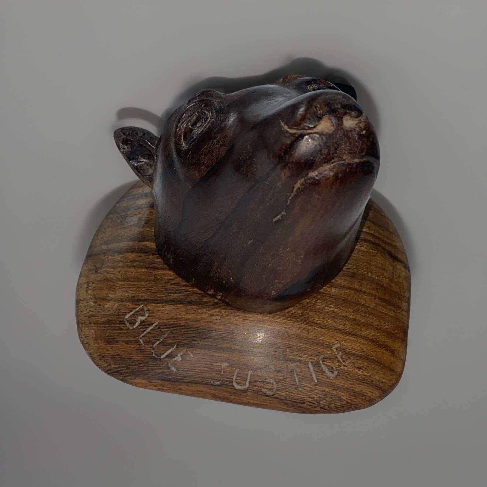 Vintage Zericote Wood Carved Dog Head Desk Top On A Wooden Base One Of A Kind