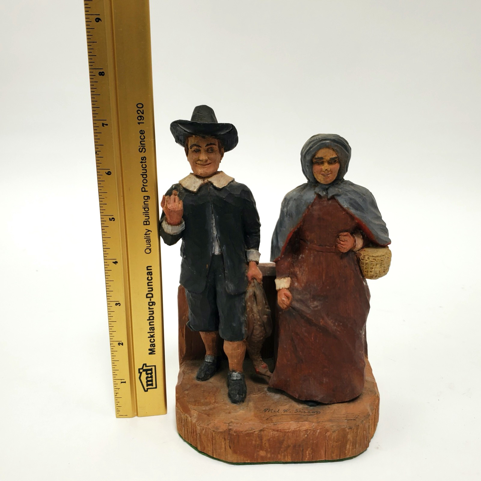 Vintage Hand Carved Pilgrim Couple Folk Art Figures Signed Mel W. Sisson 8″ x 5″