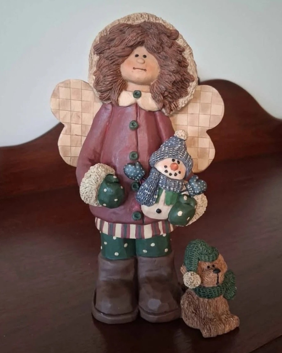 RARE Vintage Blossom Bucket Large Angel Snowgirl with Dog by Suzi Skoglund