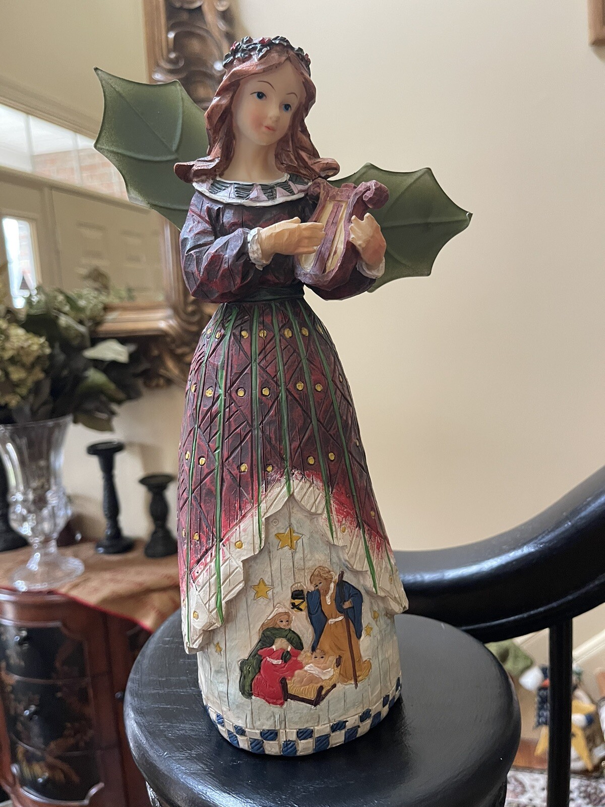 Angel Savior Is Born Holy Family Nativity Scene 11.5” Metal Wings Harp Musician