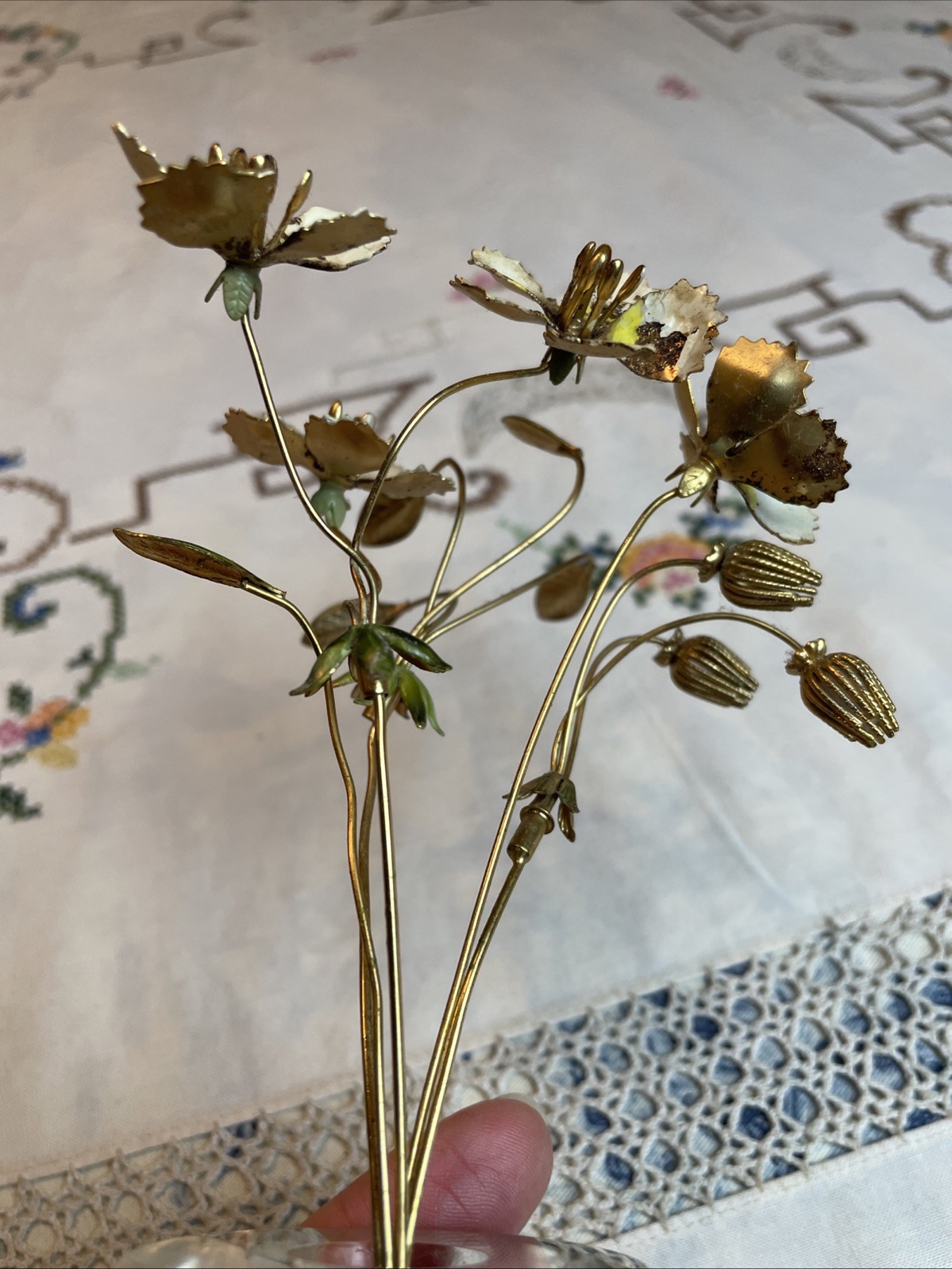VTG Enameled Flowers w/Lucite base Gorham Jane Hutcheson Fleurs Des Siecles