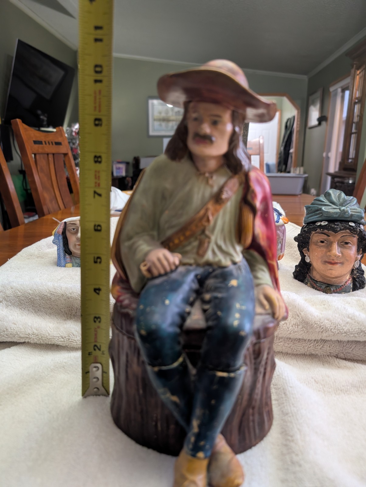 Hand Painted Tobacco jar, Large Multicolor Man Sitting on stump, 10.5 in Tall