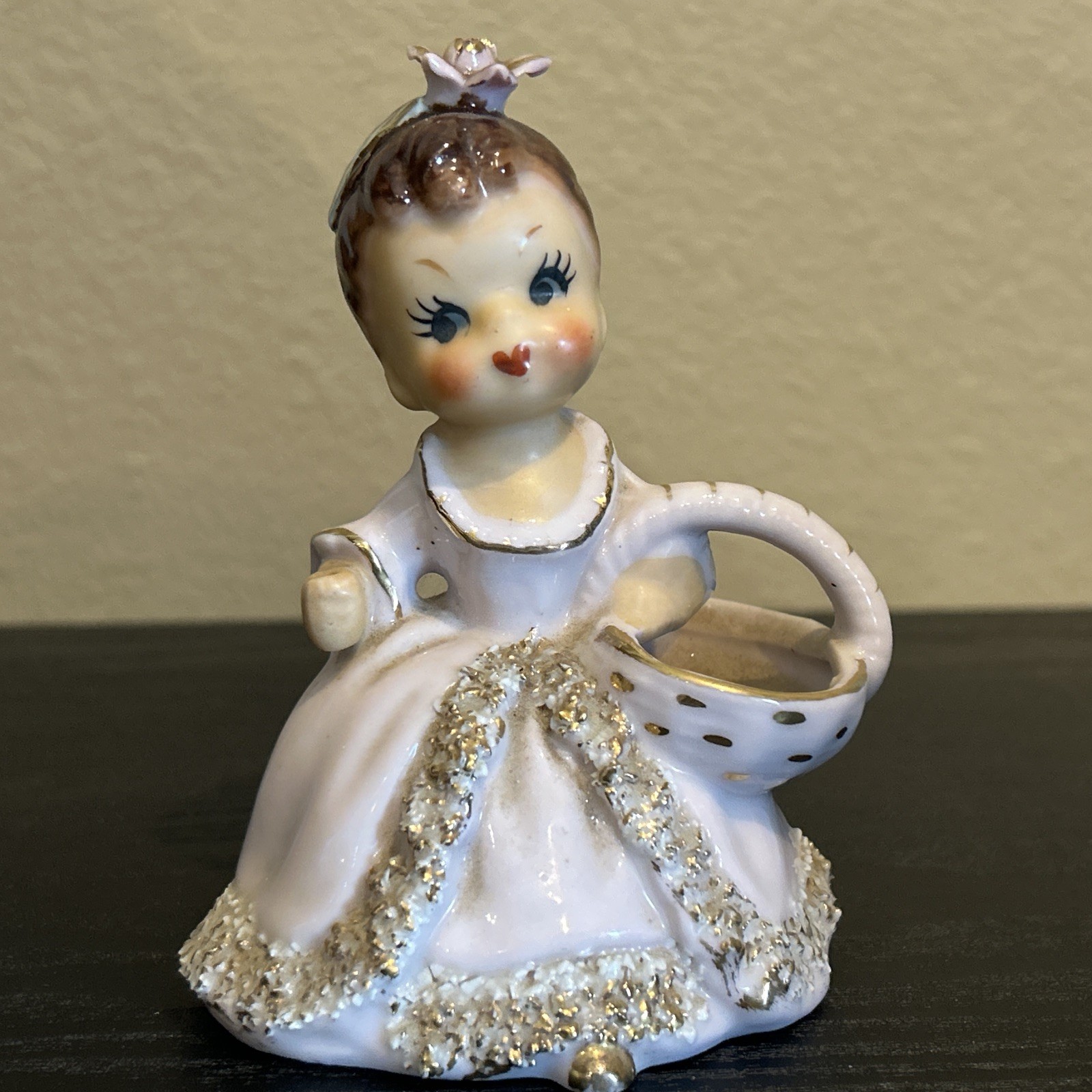 Vintage Ucago Ceramics Japan Pink Spaghetti Girl Figurine w/ Basket