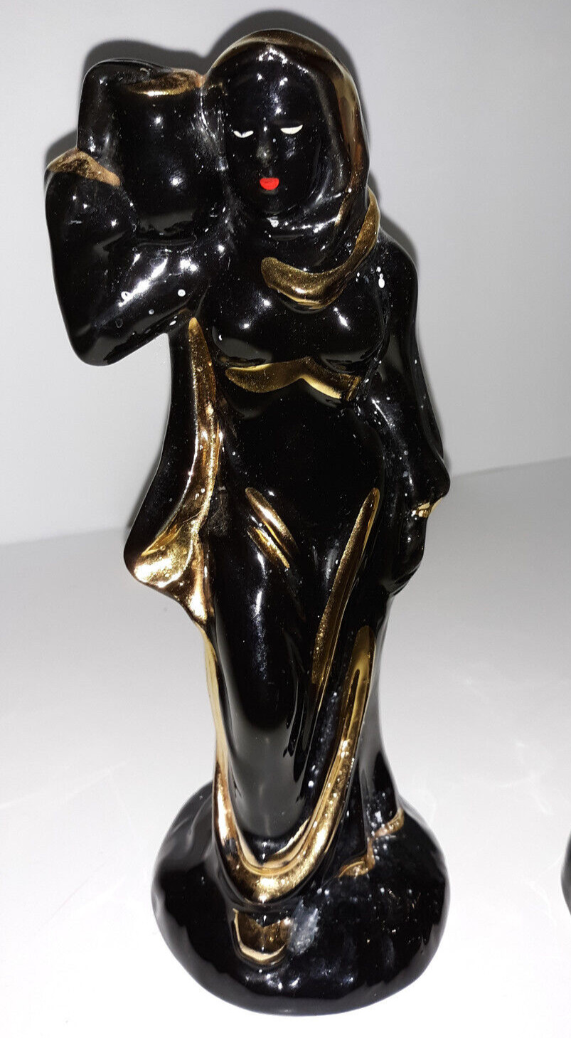 Vintage Art Deco Ceramic Black & Gold Woman & Man Figurines 2 Pc Set Statues H9″