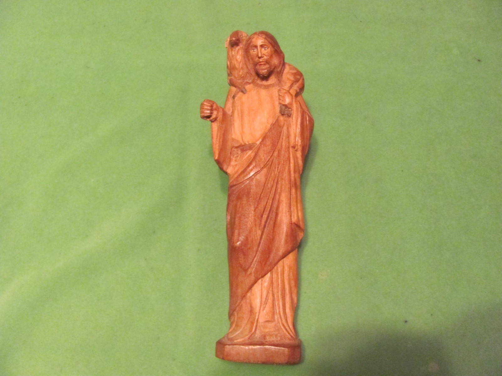 Vintage Hand Carved Wood Figurine of Jesus Carrying Baby Lamb, 12″ Tall.