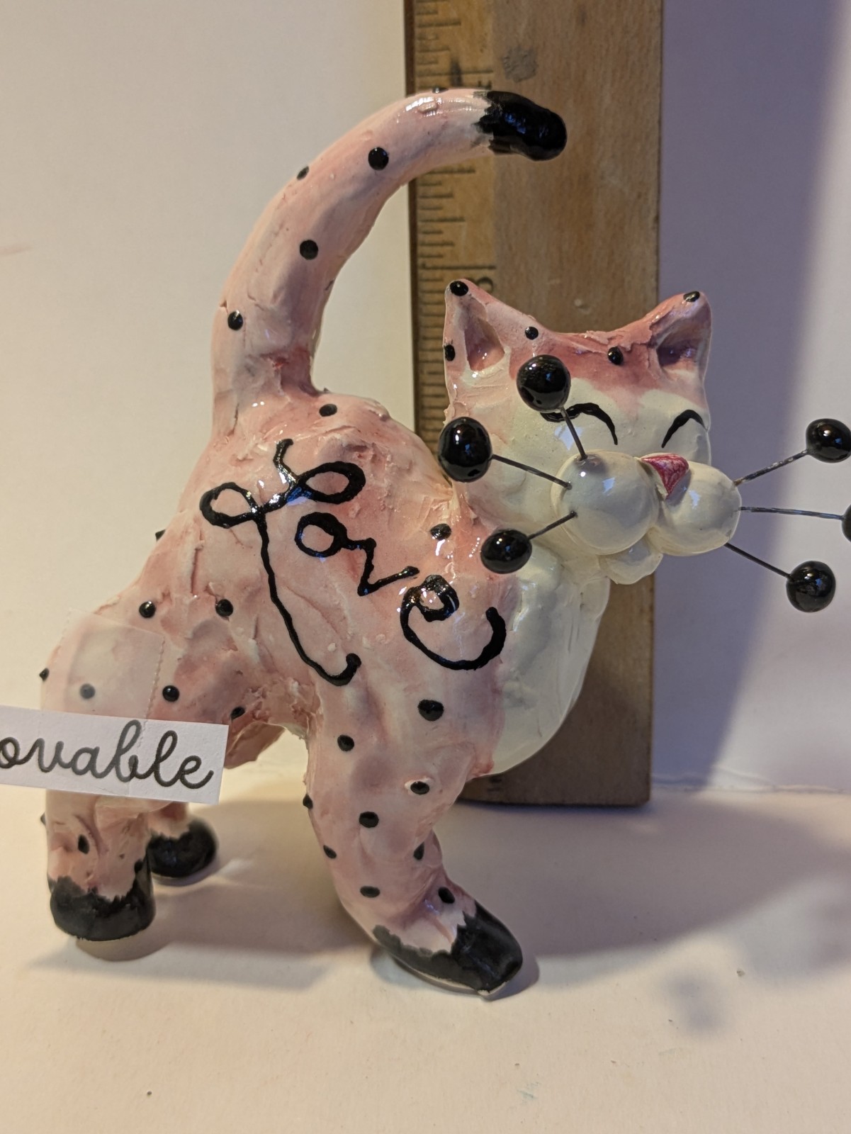 Pink & Black Polka Dot Love Cat “Lovable” WhimsiClay Original by Amy Lacombe