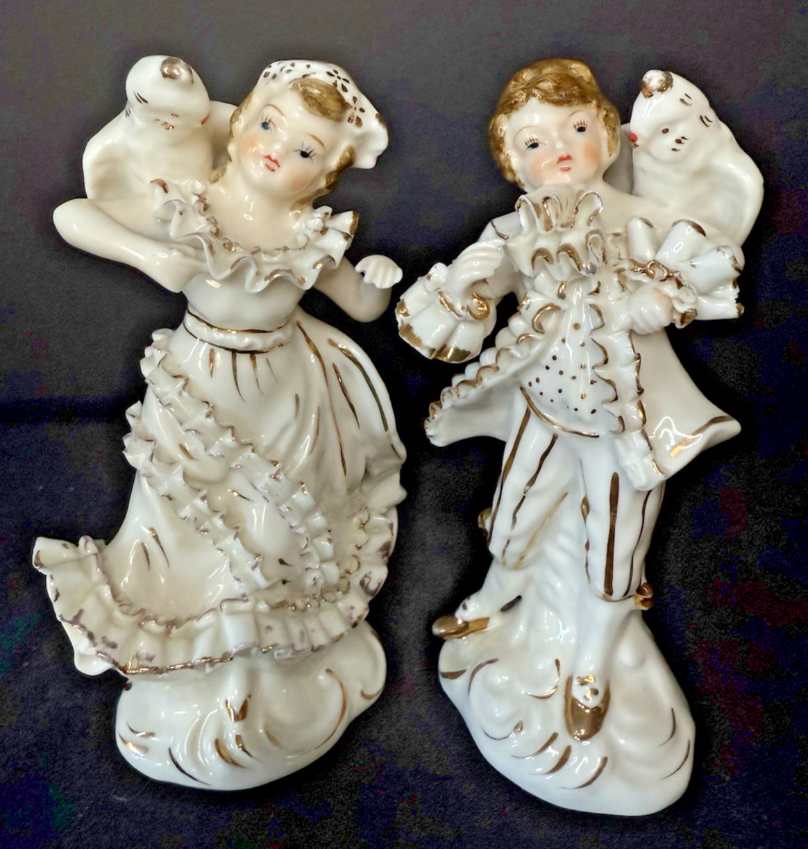 Vintage Relco Man and Lady with Birds Gold Gilt 6.25″ Porcelain Figurines