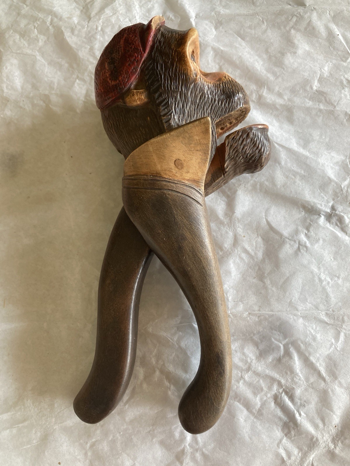 Vintage BLACK FOREST Swiss Carved Wood Ape With Collar & Glass Eyes NUTCRACKER