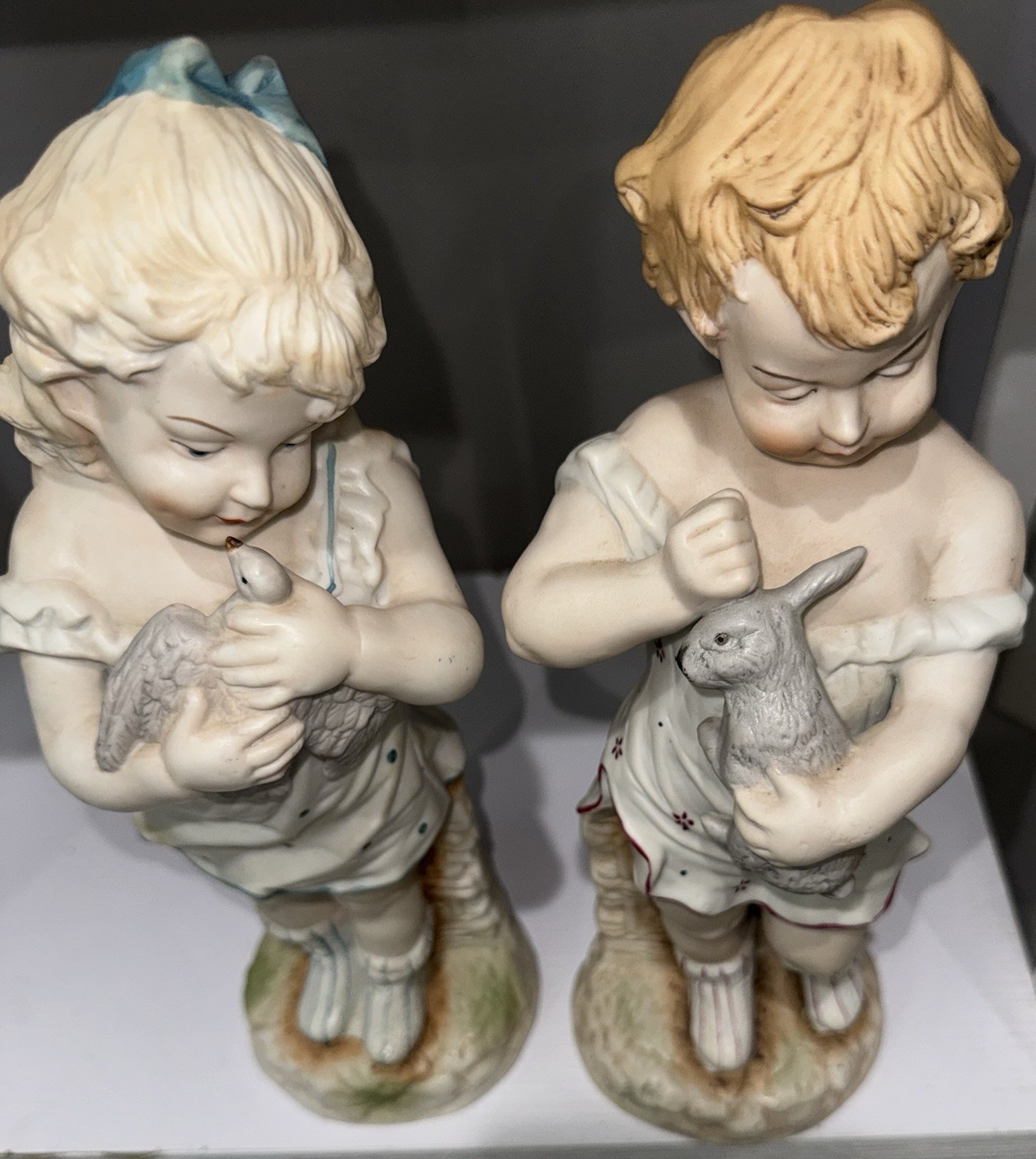 Antique German Bisque Figurines Pair Girl Rabbit Girl Dove Heubach Style 1890s