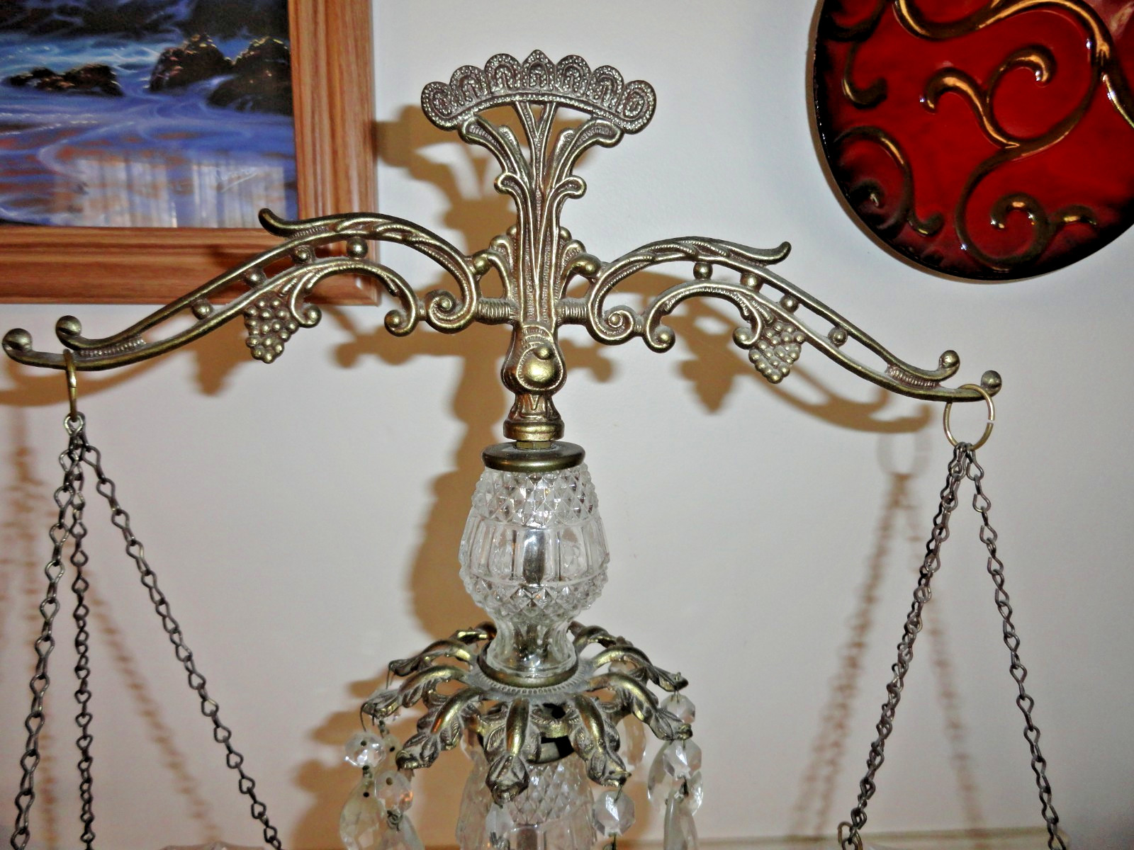 Vintage Scale Of Justice Crystal Brass Prisms Marble Base Regency Law 23” Tall