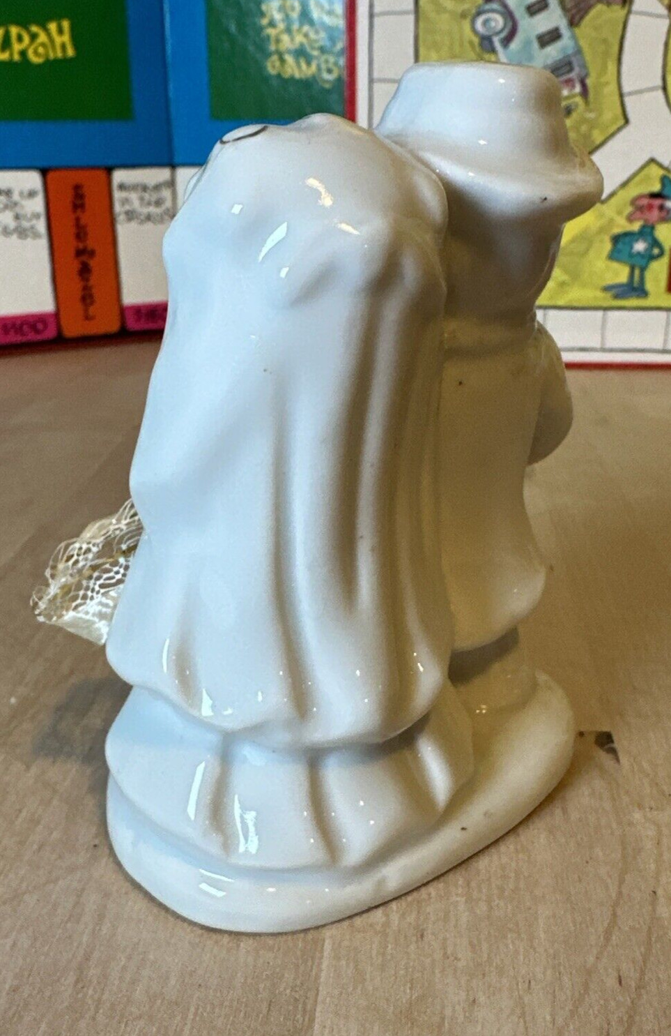 Antique Wedding Cake Topper, Bride & Groom Porcelain Figurine w Ribbon