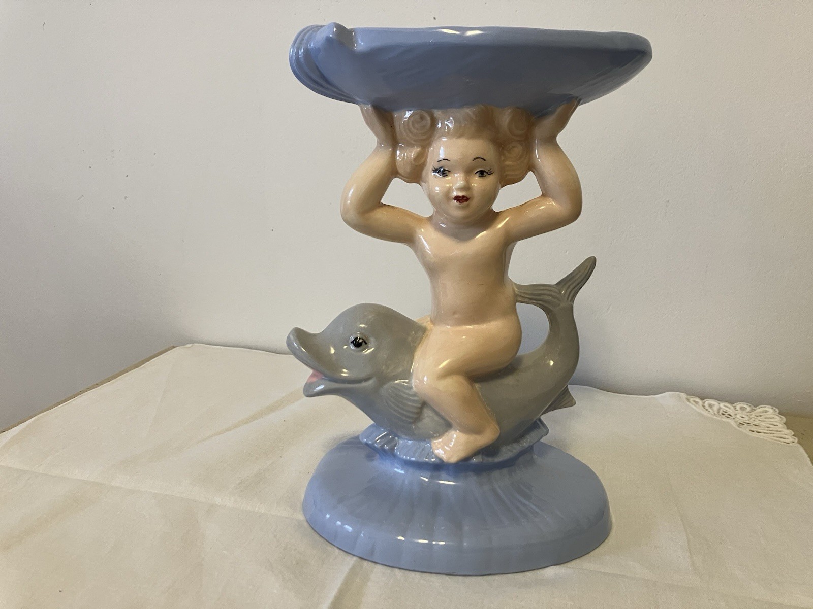 Vintage Holland Mold Girl Cherub And Dolphin Ceramic Figurine Soap dish