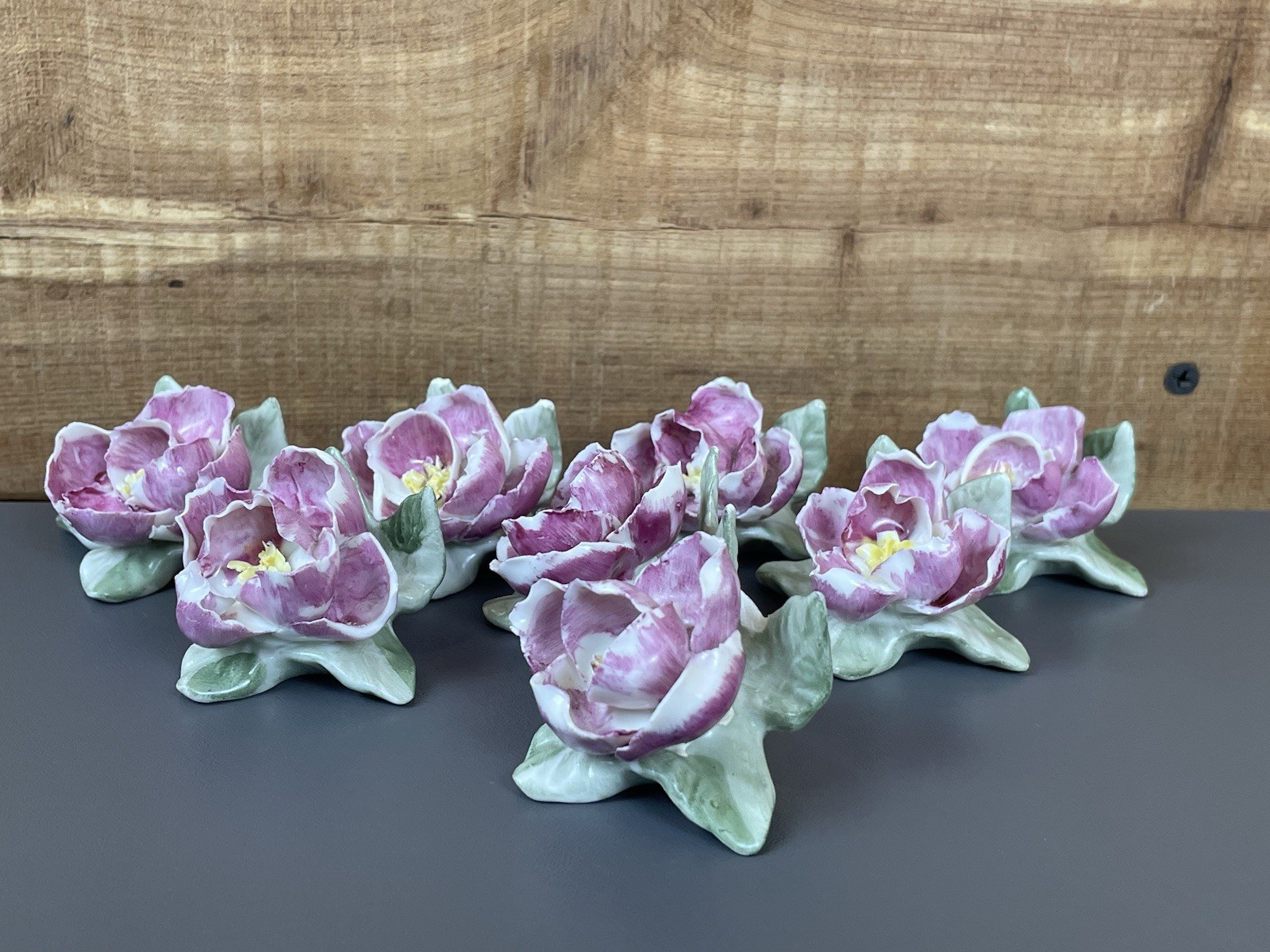 VTG. Bavaria-Germany Porcelain Pink Rose Place Card Holders Set 8 Hand Painted