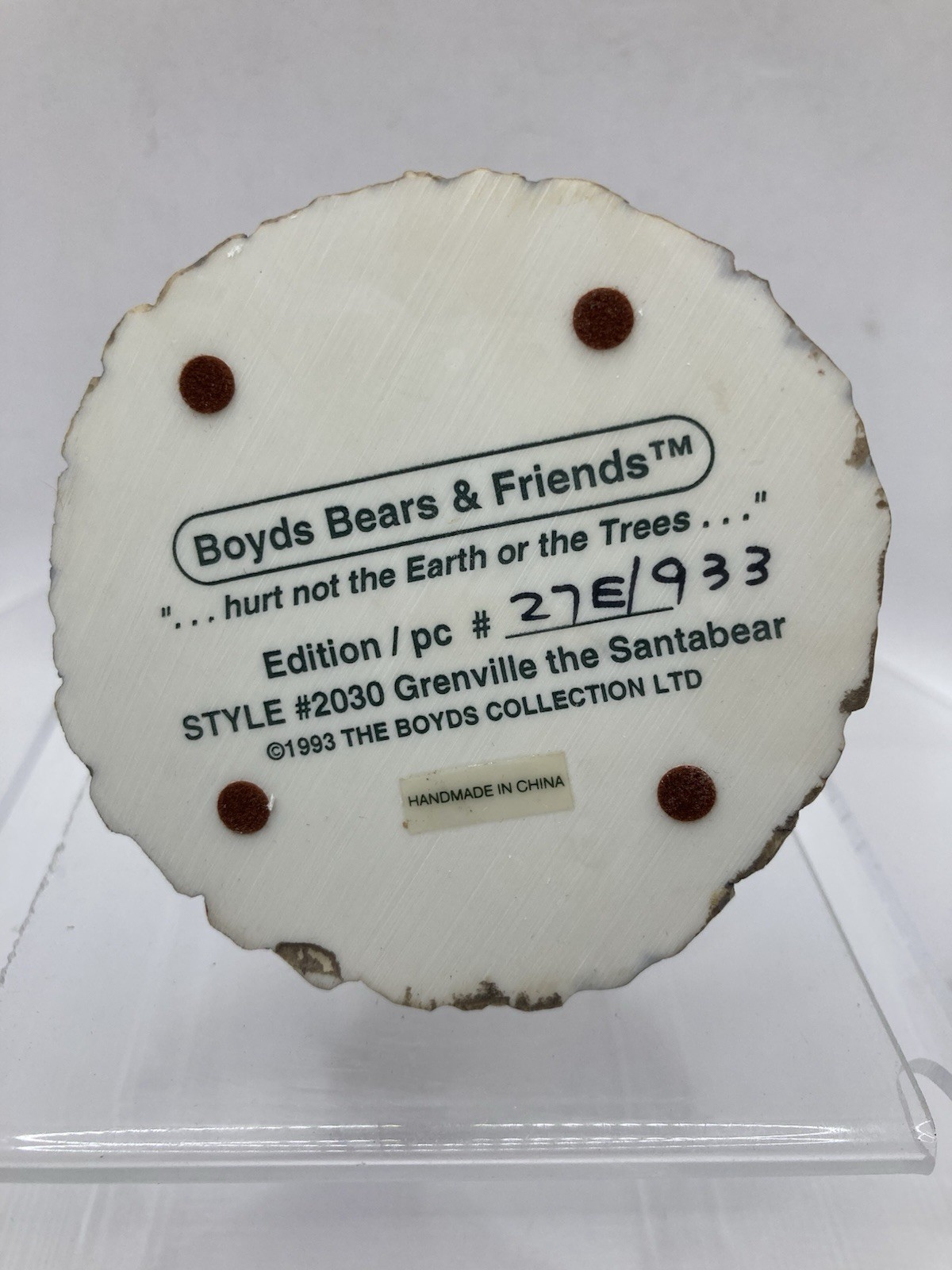 1993 Boyds Bears & Friends Bearstone Grenville The Santa Bear #2030 COA