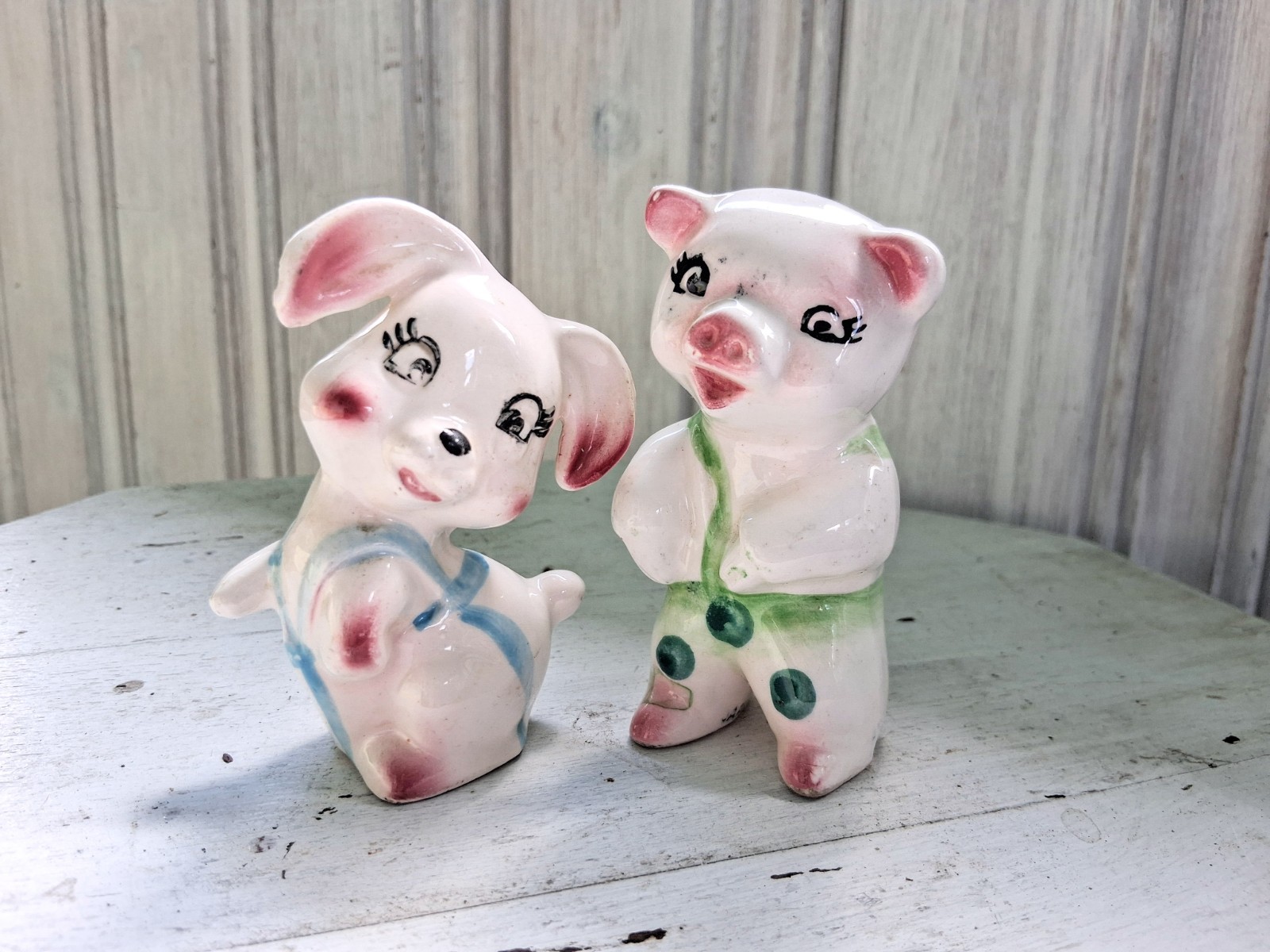 Vintage Mid-Century Anthropomorphic Puppy & Pig Ceramic Figurine Pair