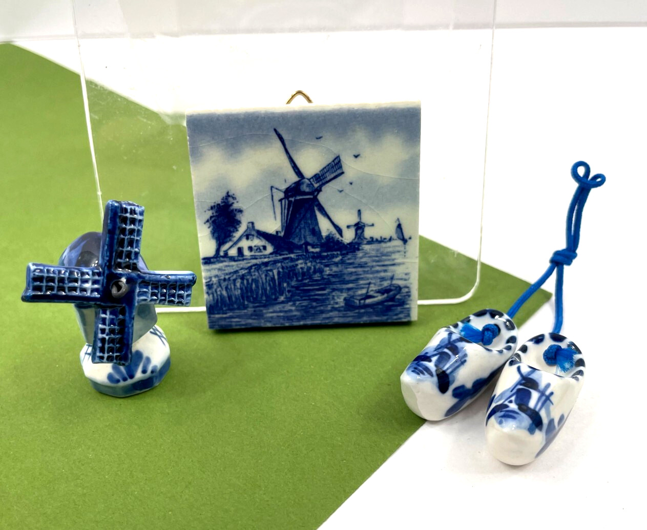 Vintage Delft Miniature Porcelain Shoe Pair Windmill Plaque Picture Lot
