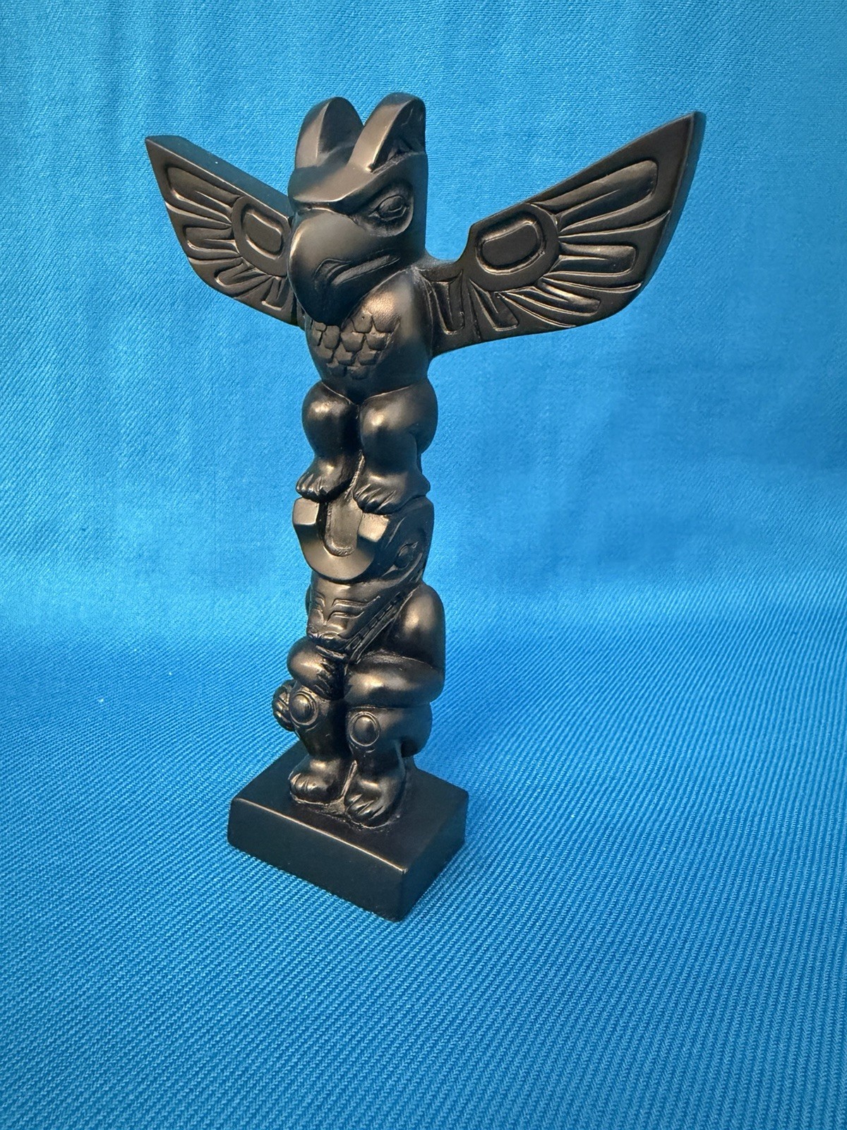 Black Carved Wood Eagle Totem Pole Figurine Tribal Matte Finish 6 1/4in Small