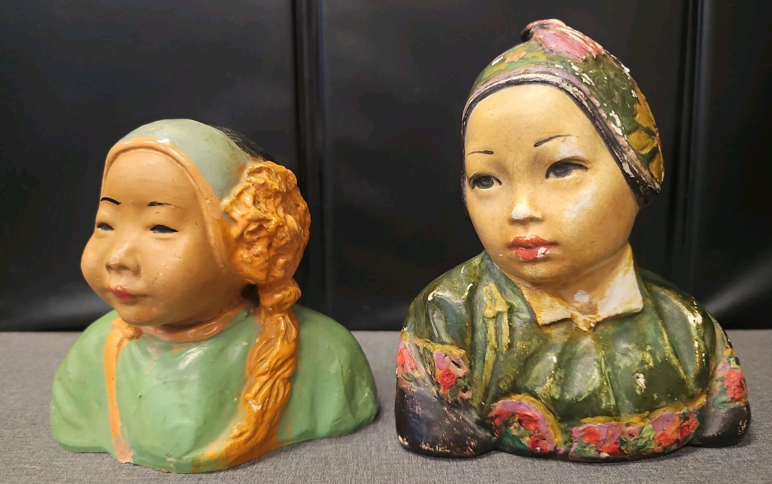 Vintage Esther Anna Hunt Chinese Woman Chalkware Art Bust Statue + Bonus Bust