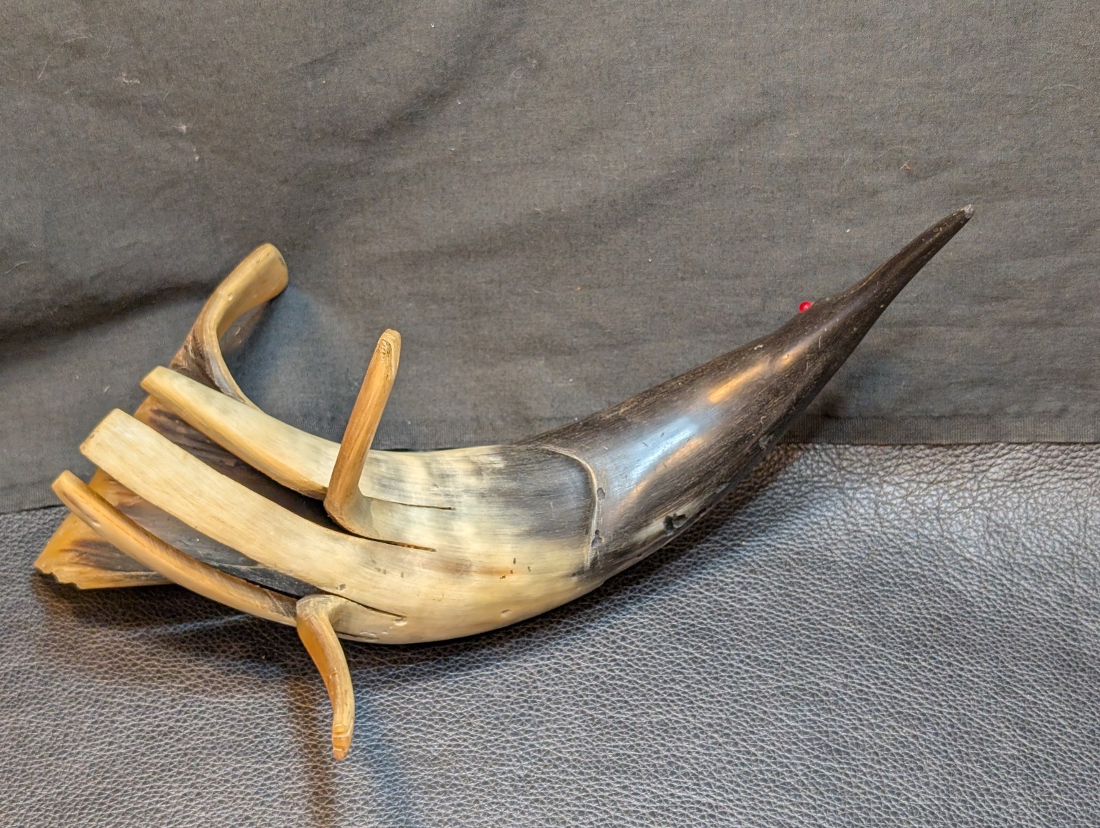 Folk Art Ox/Steer Horn Bird Mid Century Hand Carved Large 13.5in Horn