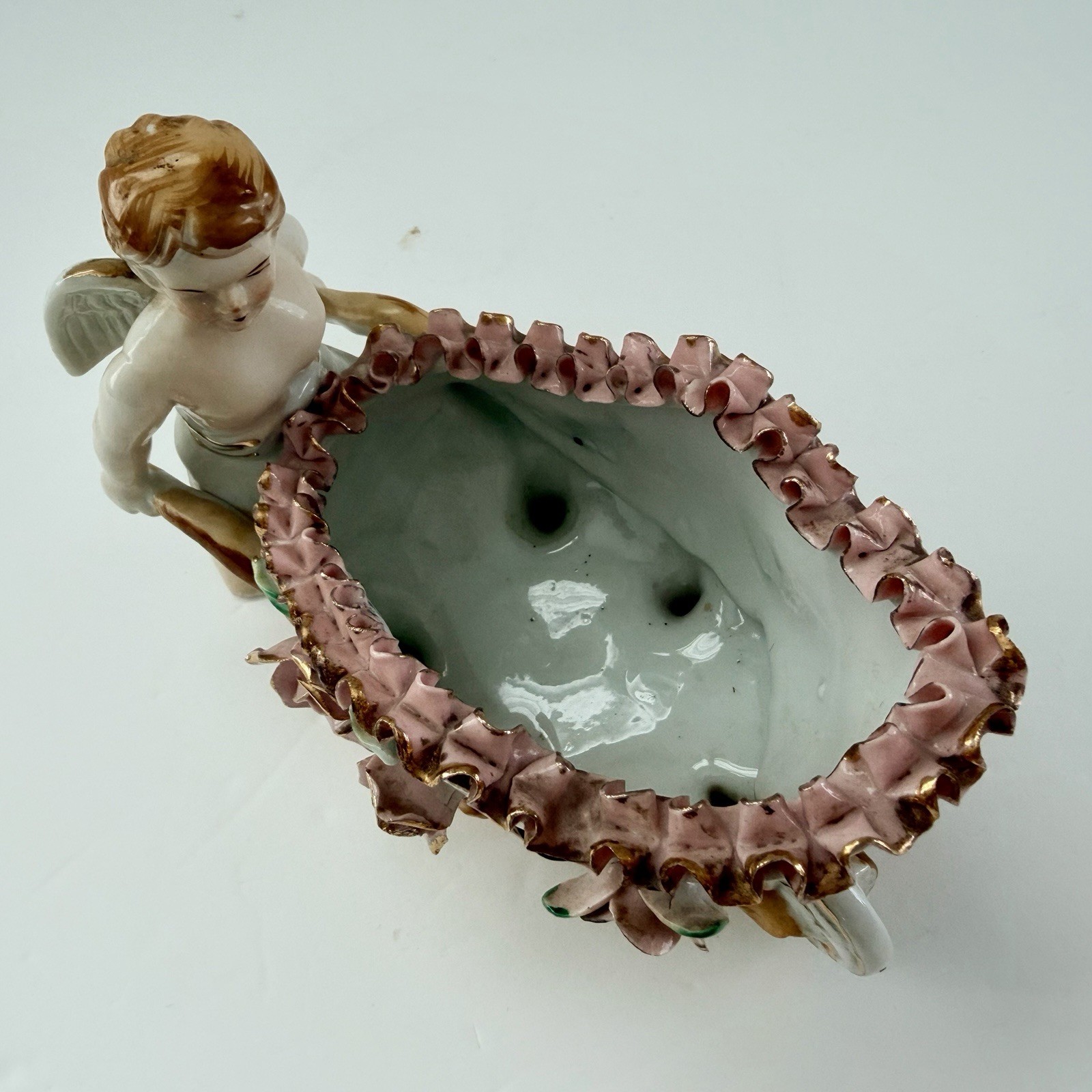 Vintage Porcelain Cherub Putti Pushing Wheelbarrow Bone China Lace Japan 6”