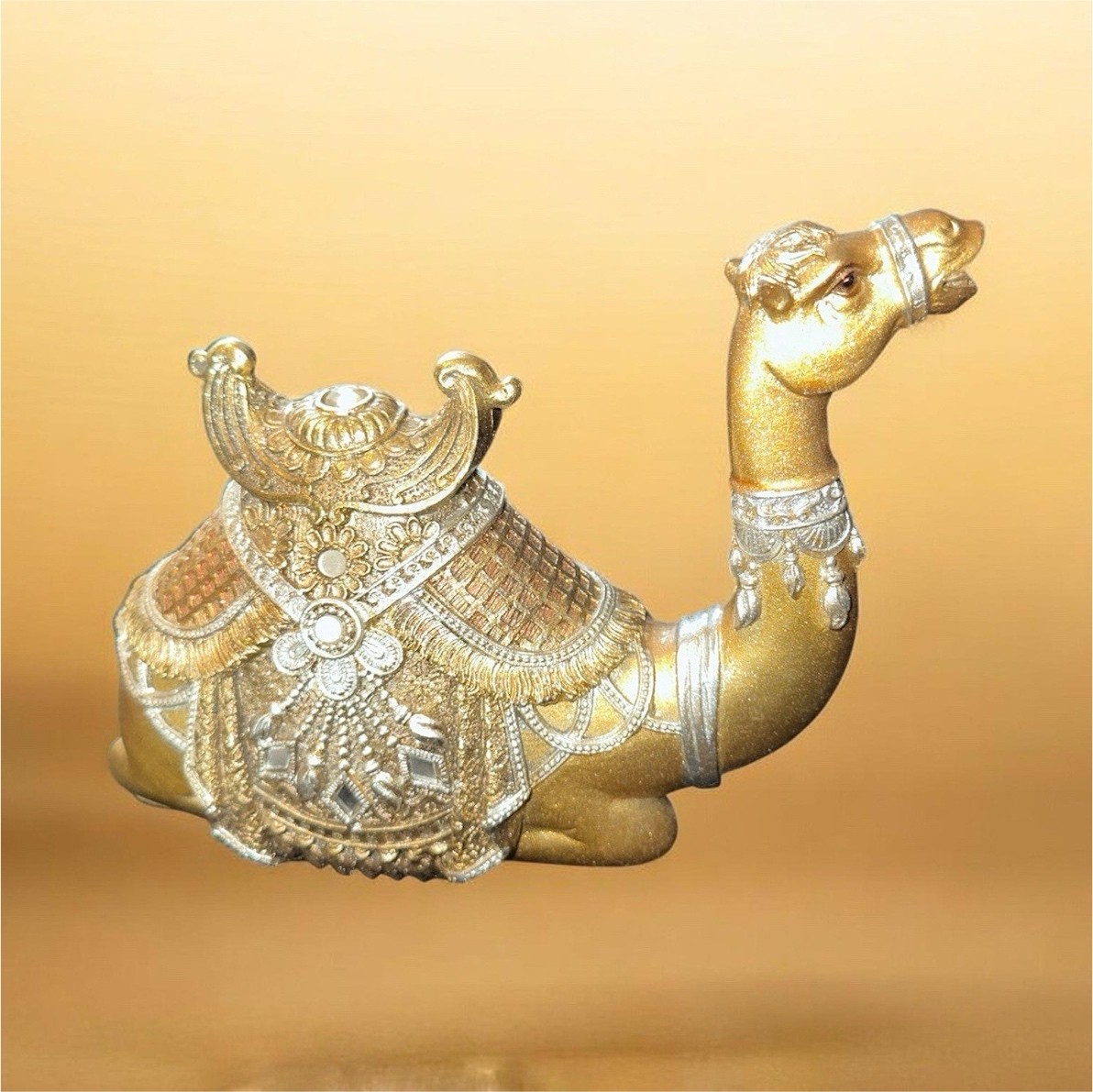 Metallic Gold Silver Camel Figurine Sculpture with Textured Carvings