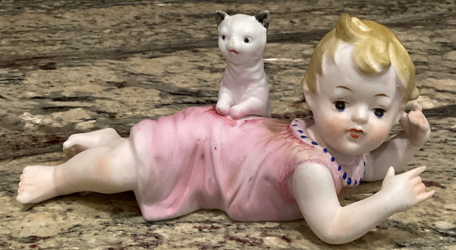 BABY GIRL W KITTEN BISQUE PIANO BABY FIGURINE 6 3/4”L Delicate Fingers No Flaws