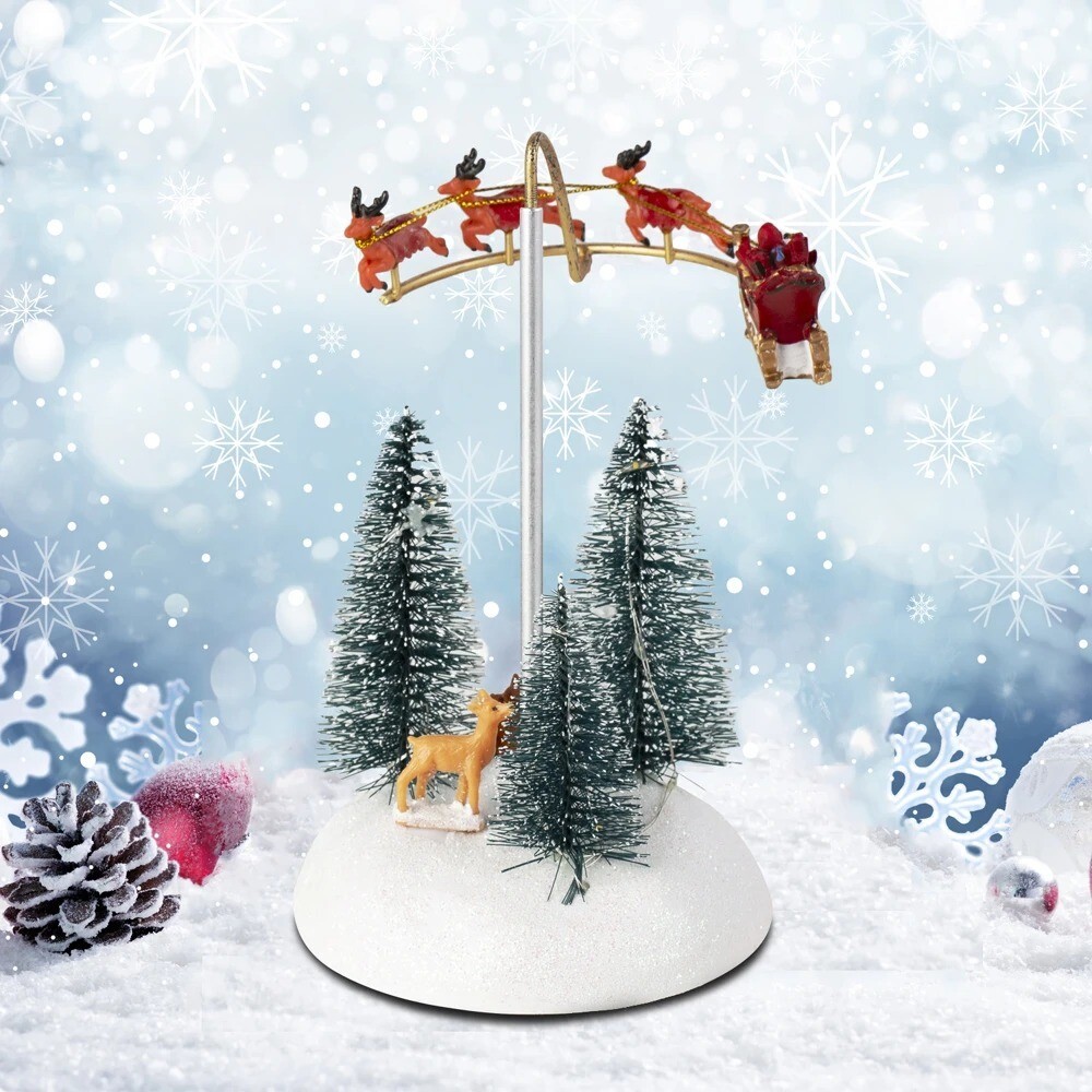 Christmas Village Flying Sleigh Figurine,Musical Lights with Rotating Santa