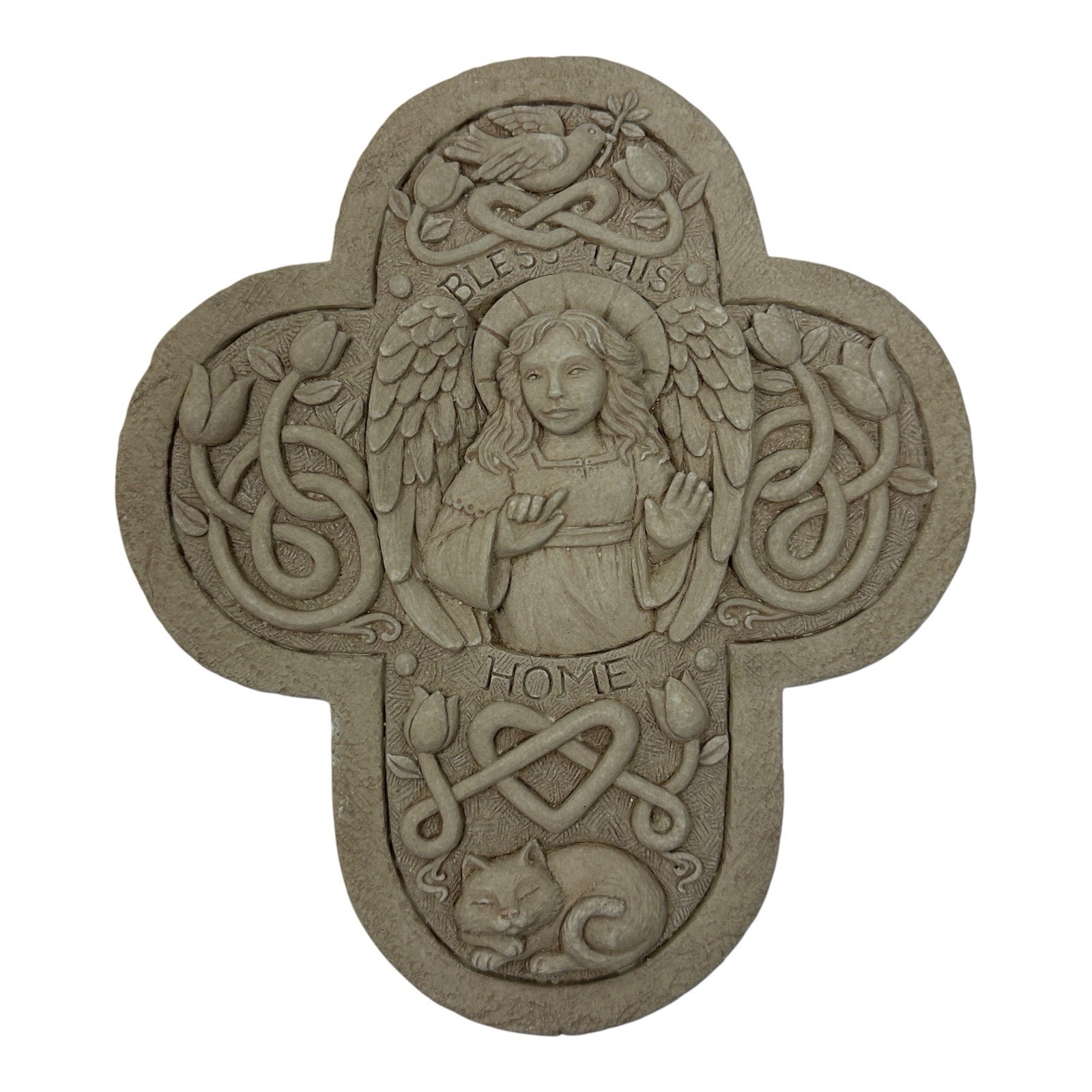 Vintage 2002 Carruth Bless This Home Cast Stone Plaque Cross Angel Wings Cat