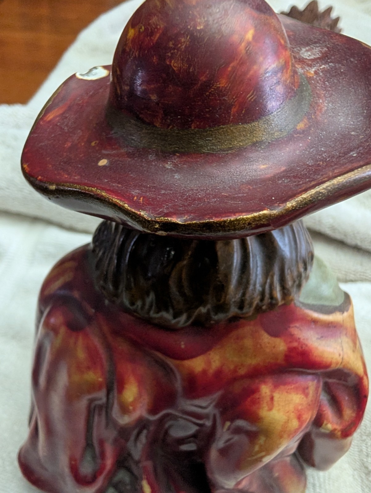 Hand Painted Tobacco jar, Large Multicolor Man Sitting on stump, 10.5 in Tall