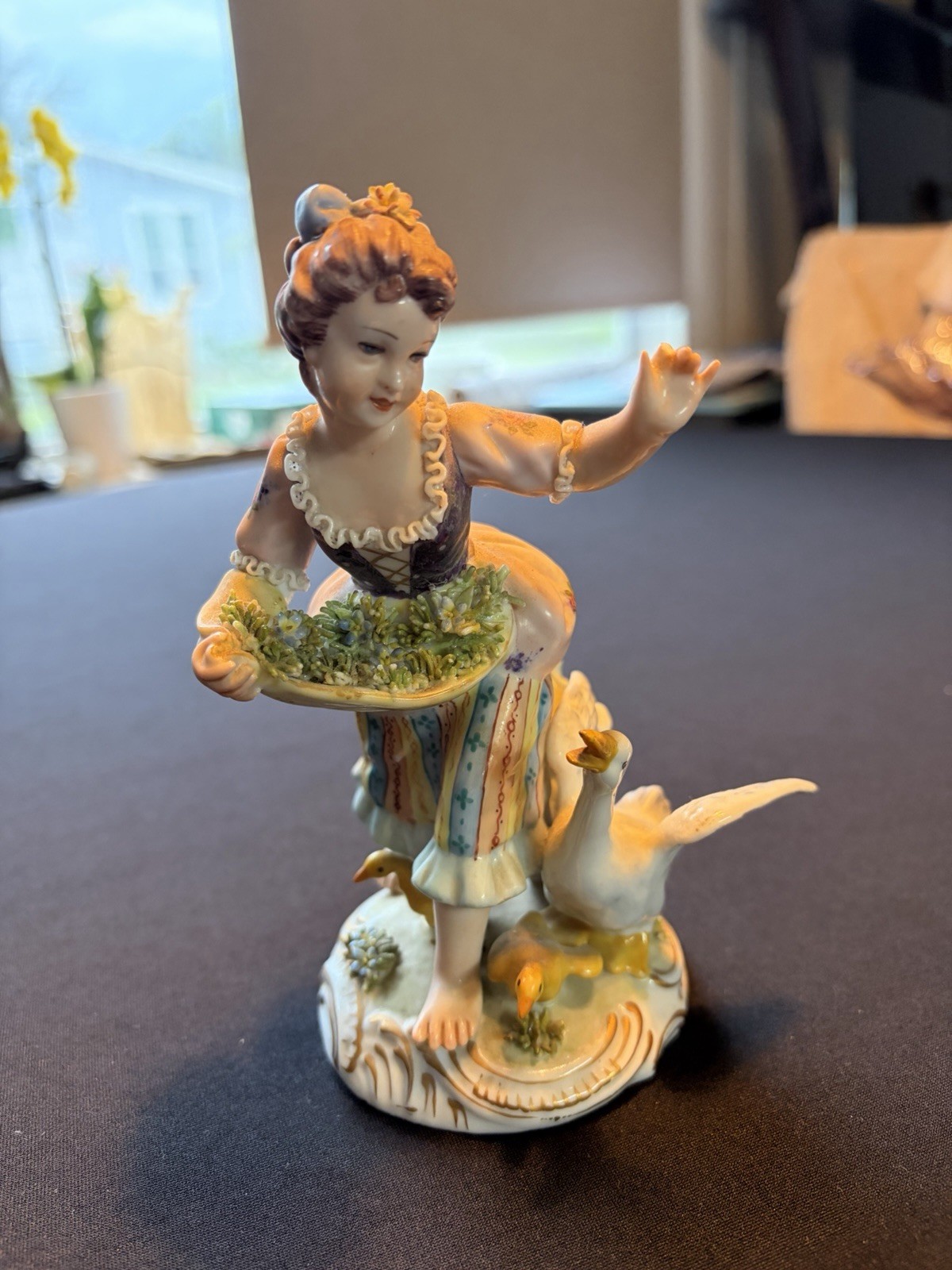 Antique Capodimonte Porcelain Farmer Girl w/ Ducks and A Goose