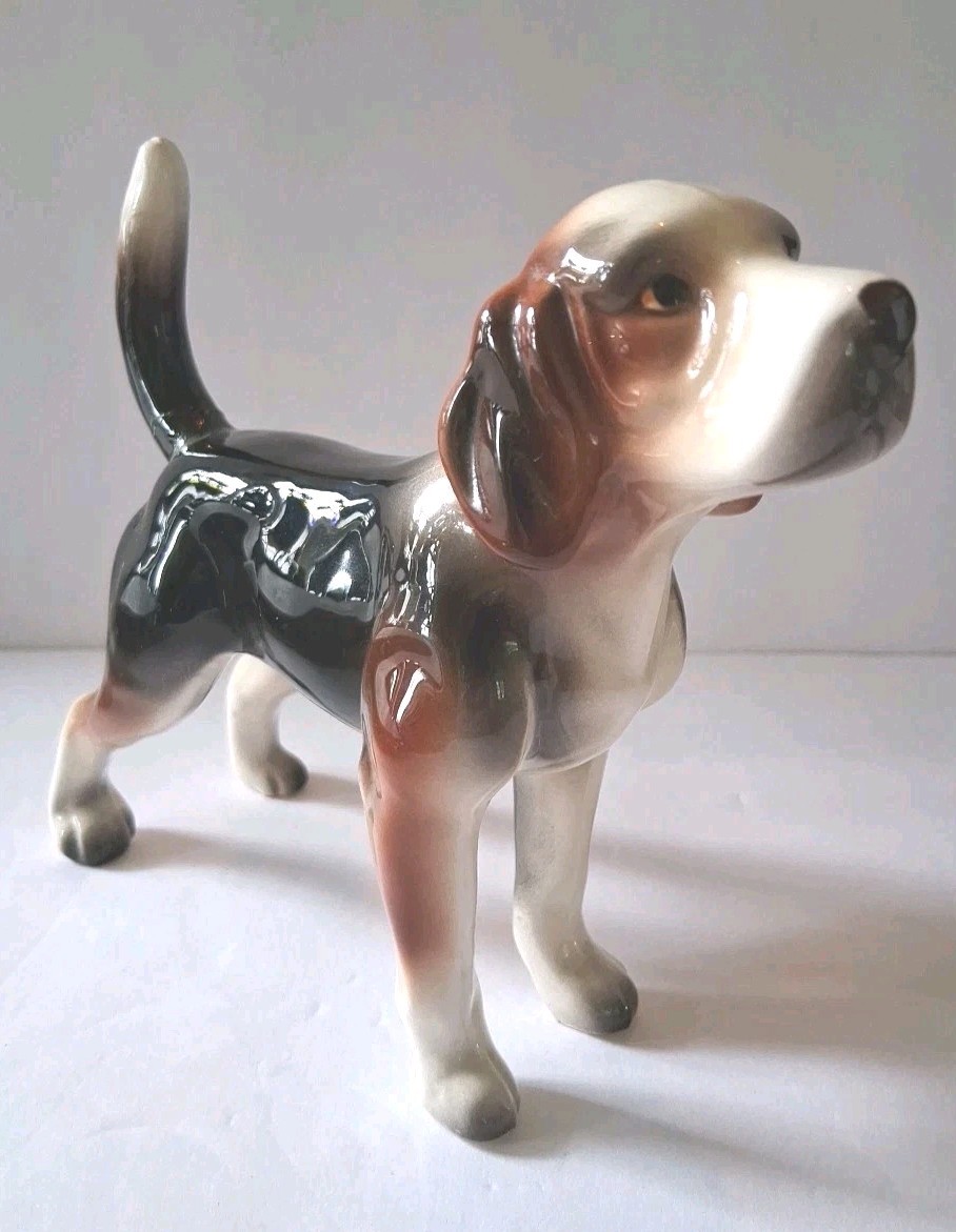 Lefton Korea Ceramic Hound Dog Figurine 5 1/2 Inches Tall Tricolor