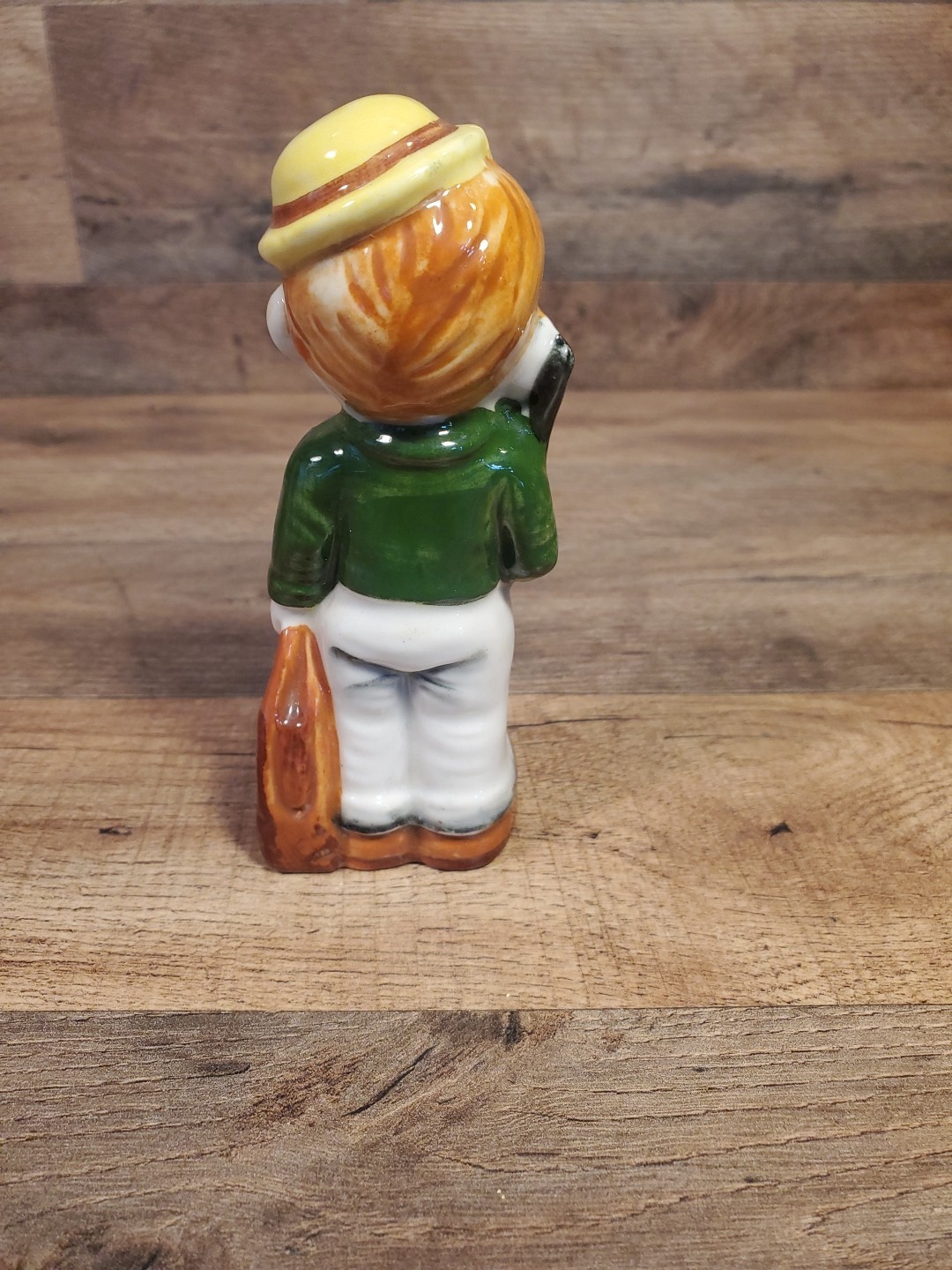 Little Boy Vintage Figurine Hat Umbrella Bag Green Coat Handpainted Bisque 5.5in