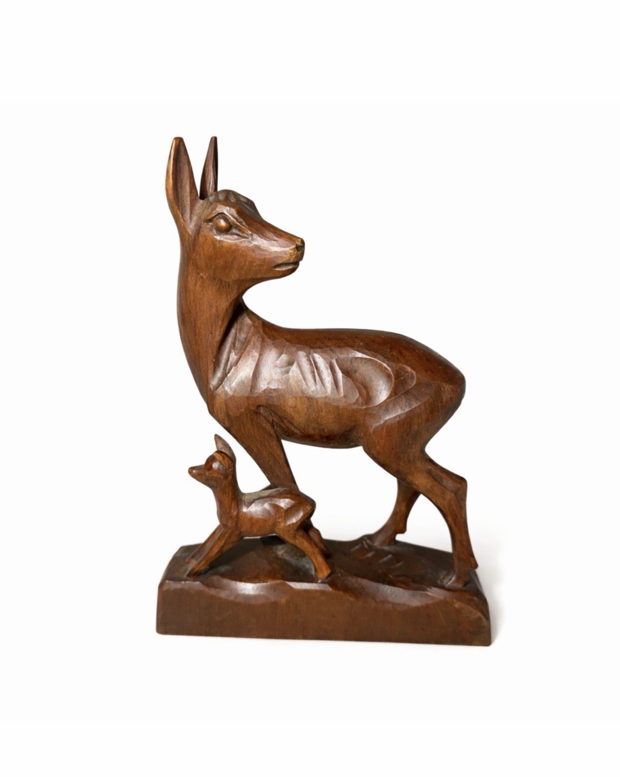 Vintage Black Forest Style Hand Carved Wooden Deer & Fawn Figurine Folk Art 5.5”