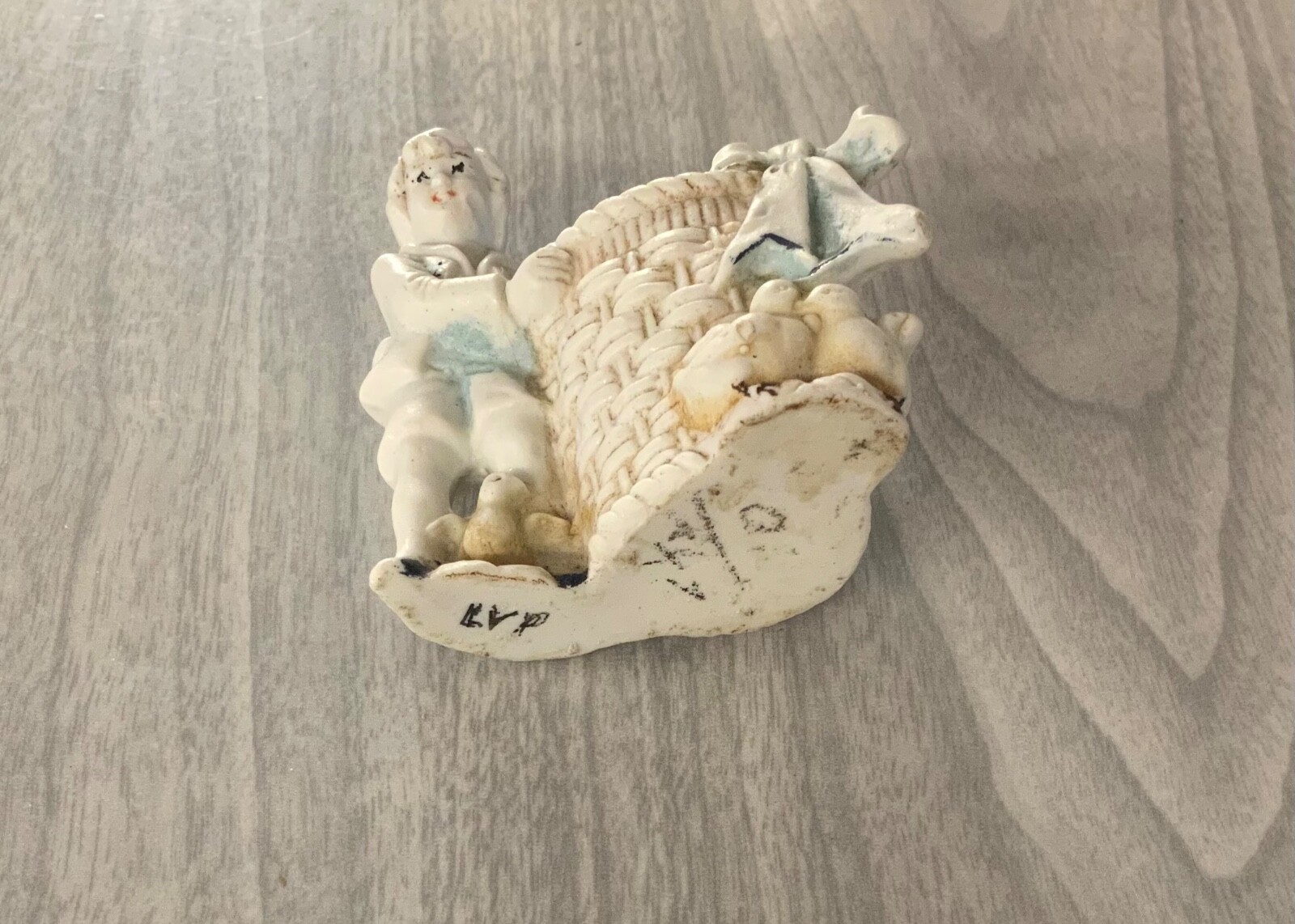 antique porcelain boy with basket figurine, 2-3/4″ boy figure, made in Germany